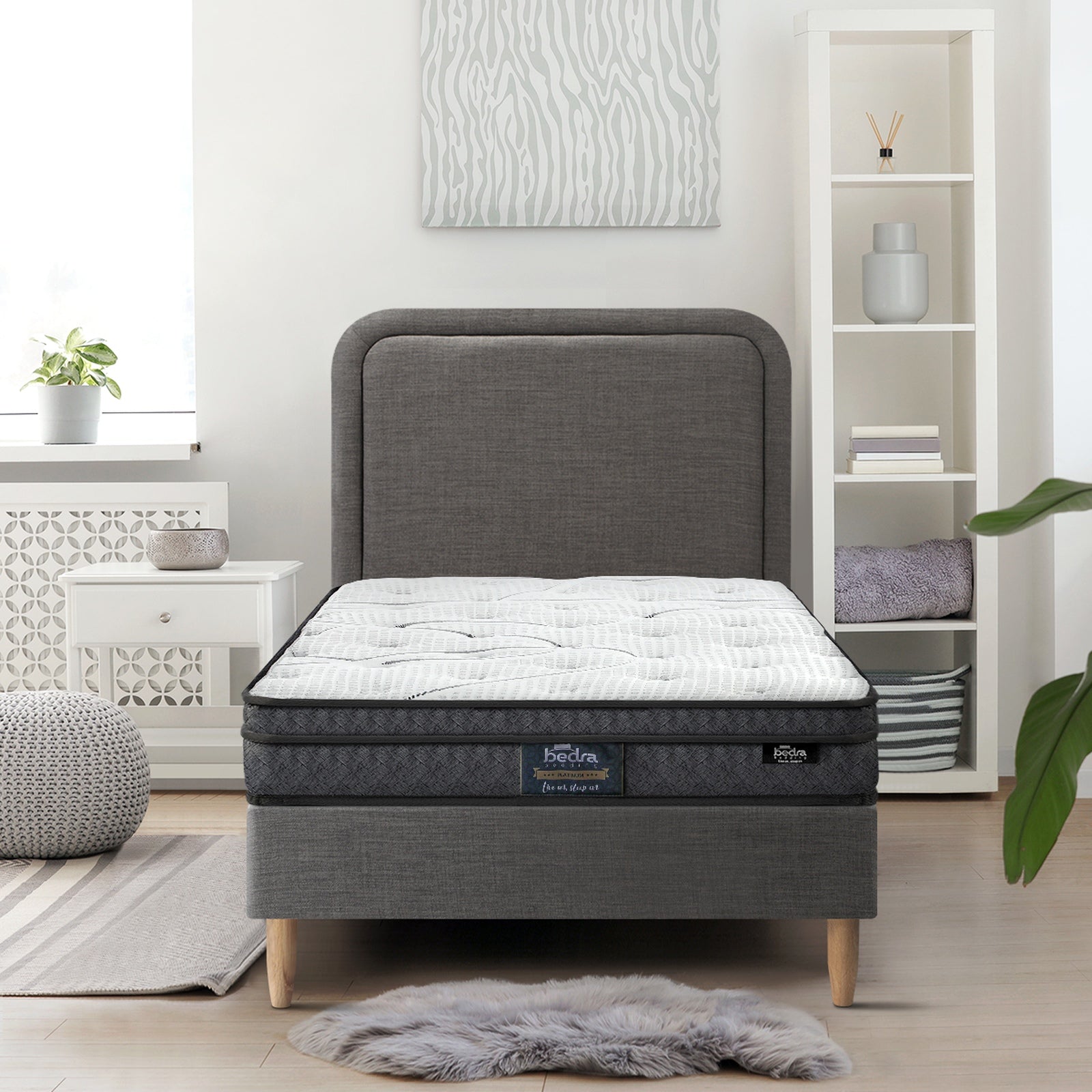 Oikiture Bed Frame Single Size Platform Base with Bonnell Spring Mattress Grey - Sunyee