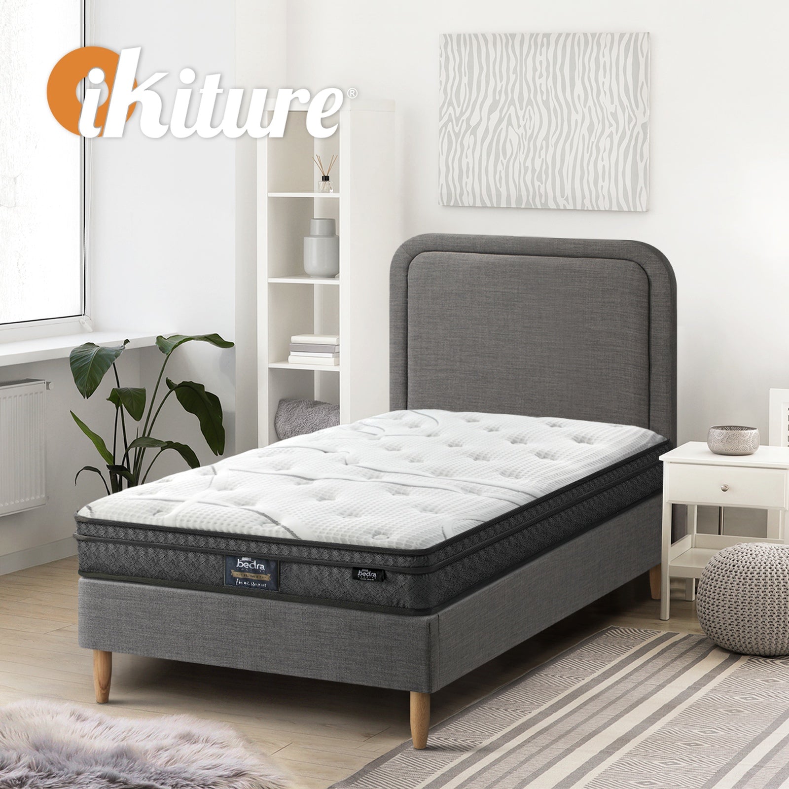 Oikiture Bed Frame Single Size Platform Base with Bonnell Spring Mattress Grey - Sunyee