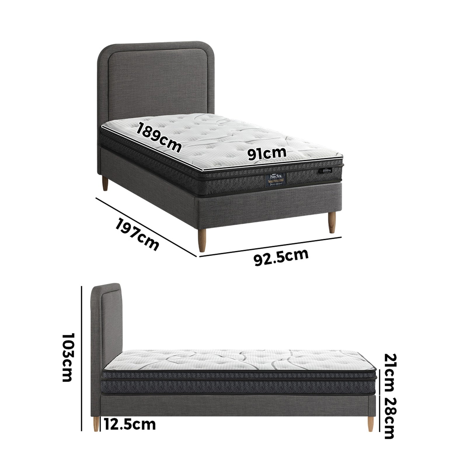 Oikiture Bed Frame Single Size Platform Base with Bonnell Spring Mattress Grey - Sunyee