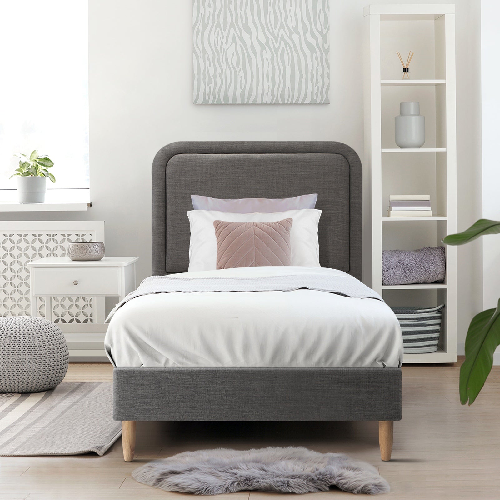 Oikiture Bed Frame Single Size Beds Base Platform Fabric Grey BOB - Sunyee