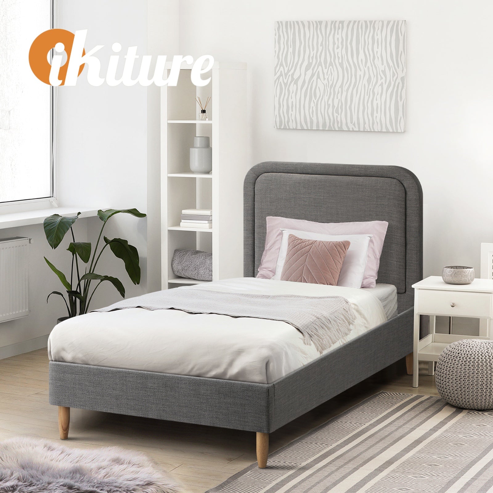 Oikiture Bed Frame Single Size Beds Base Platform Fabric Grey BOB - Sunyee