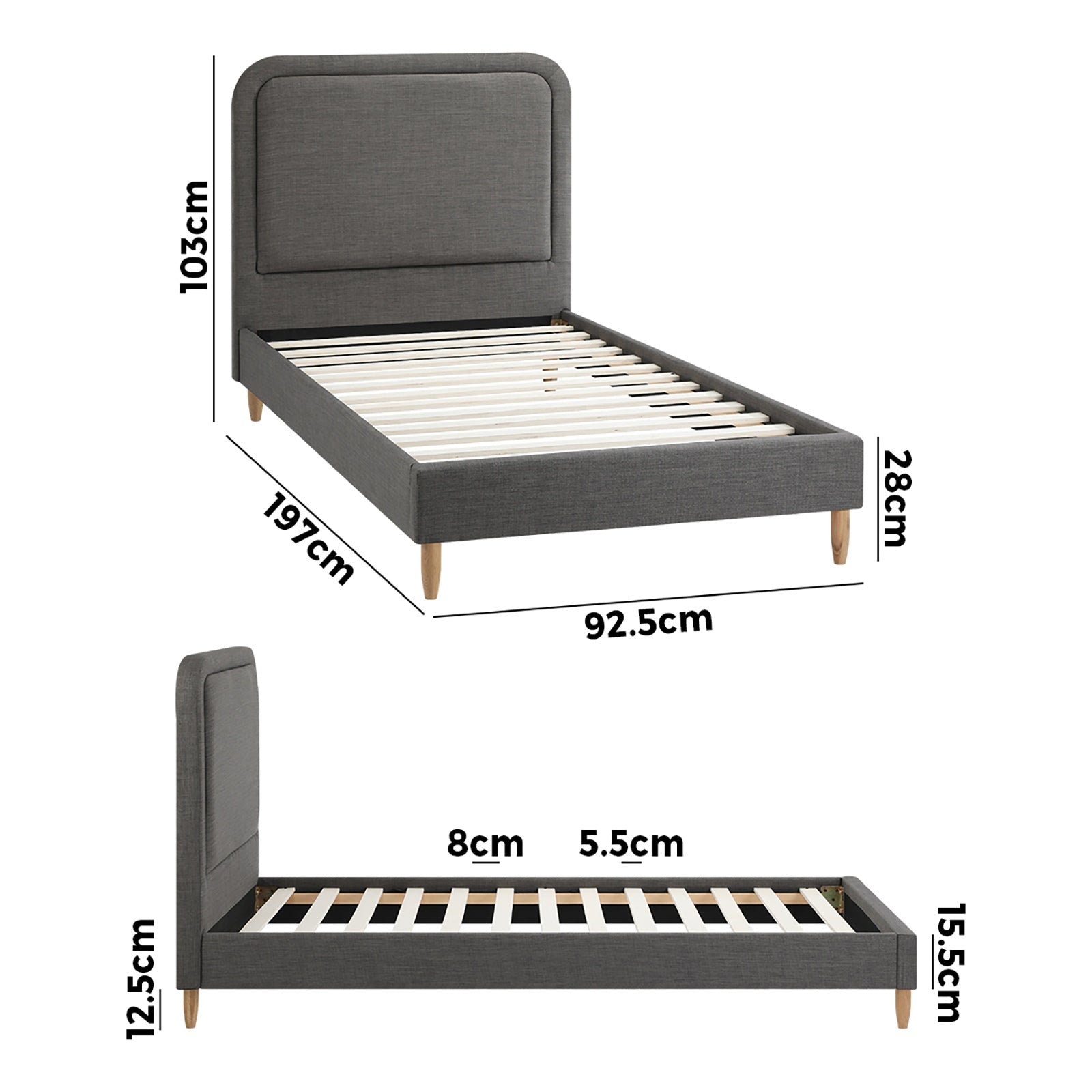 Oikiture Bed Frame Single Size Beds Base Platform Fabric Grey BOB - Sunyee