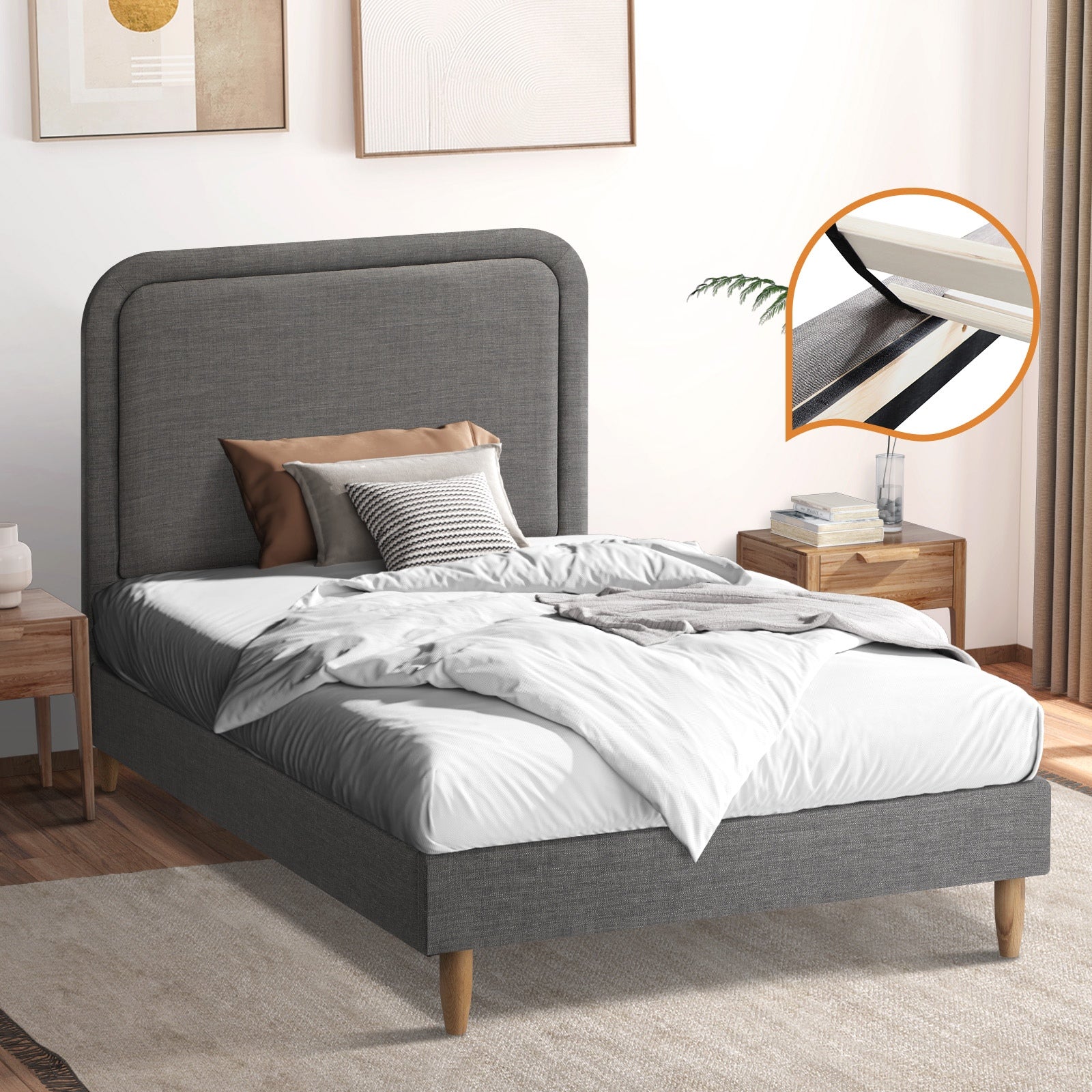 Oikiture Bed Frame Single Size Beds Base Platform Fabric Grey BOB - Sunyee