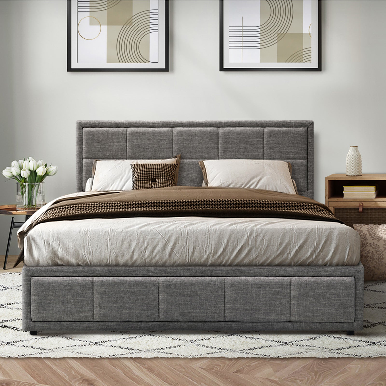 Oikiture Bed Frame Double Size Gas Lift Storage Base Fabric Grey - Sunyee