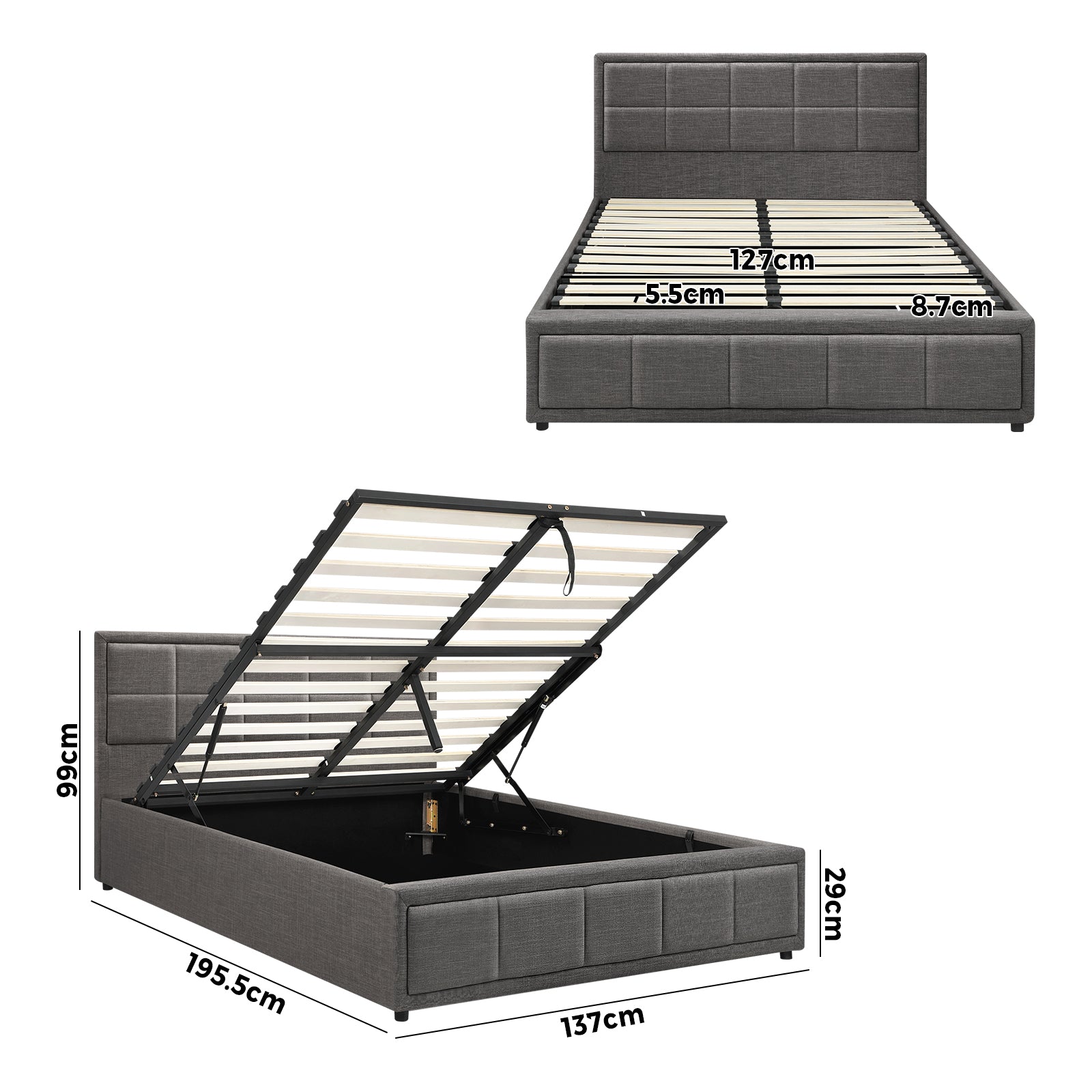 Oikiture Bed Frame Double Size Gas Lift Storage Base Fabric Grey - Sunyee