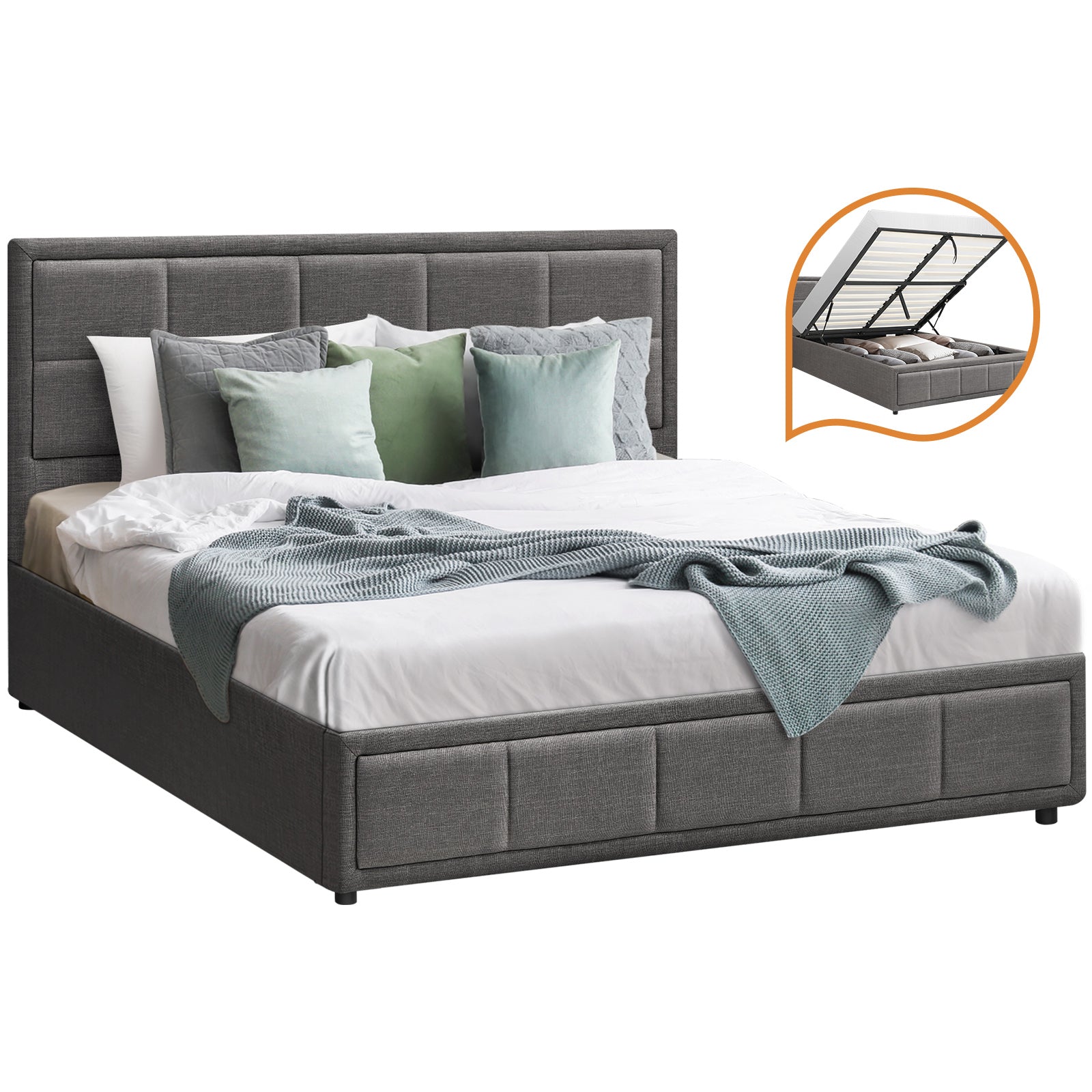 Oikiture Bed Frame Double Size Gas Lift Storage Base Fabric Grey - Sunyee