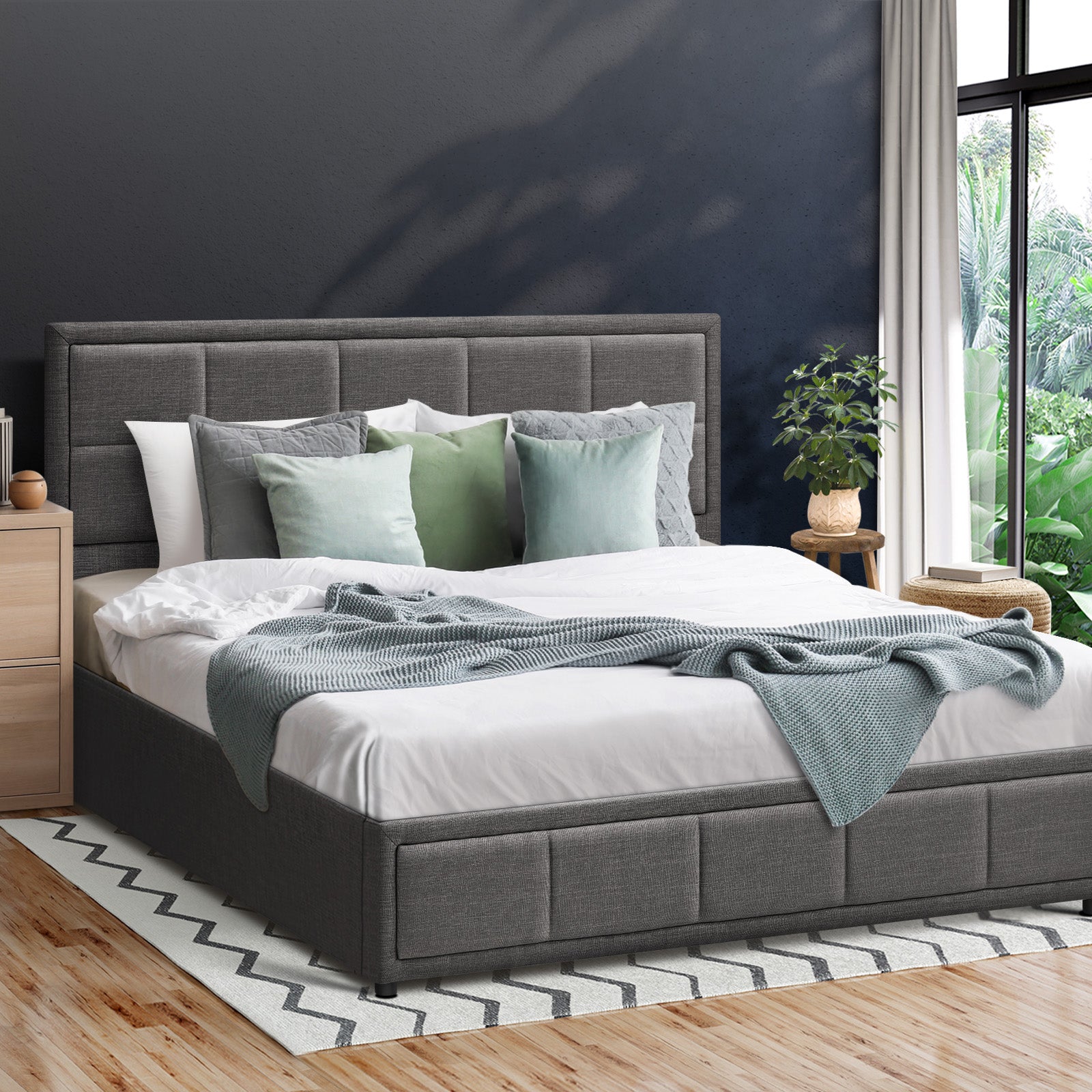 Oikiture Bed Frame Double Size Gas Lift Storage Base Fabric Grey - Sunyee