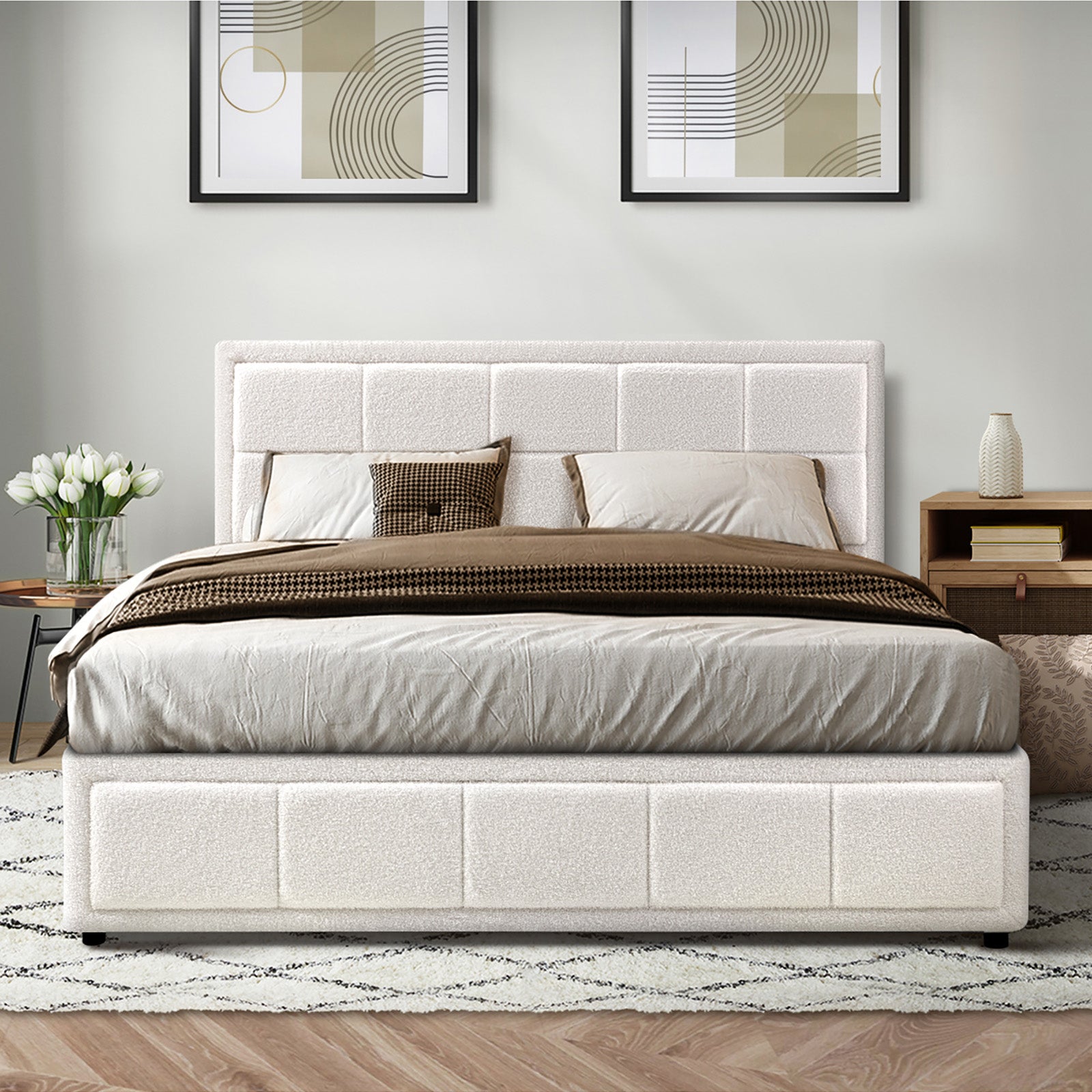 Oikiture Bed Frame Double Size Gas Lift Storage Bed Platform Boucle White - Sunyee
