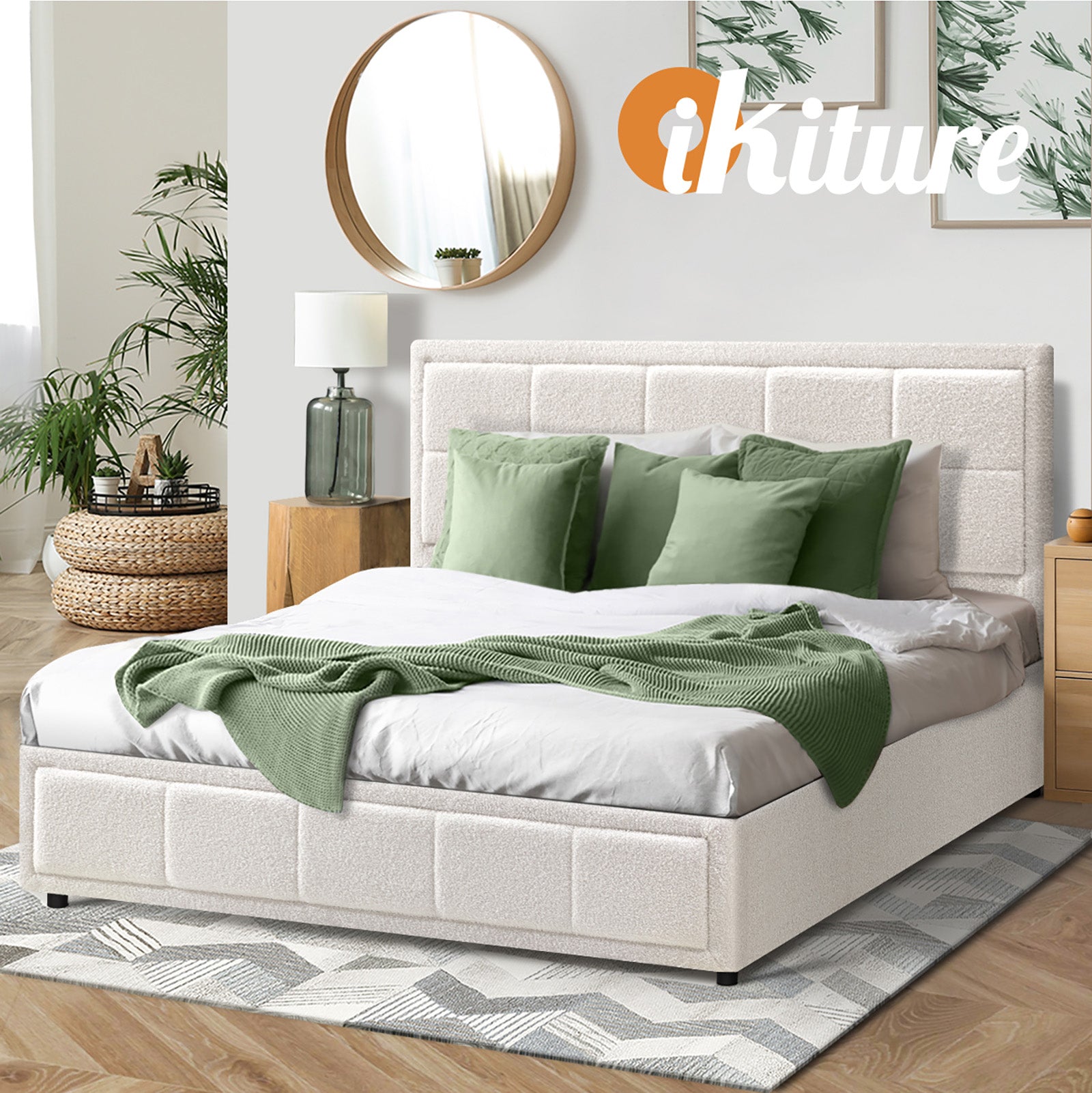 Oikiture Bed Frame Double Size Gas Lift Storage Bed Platform Boucle White - Sunyee