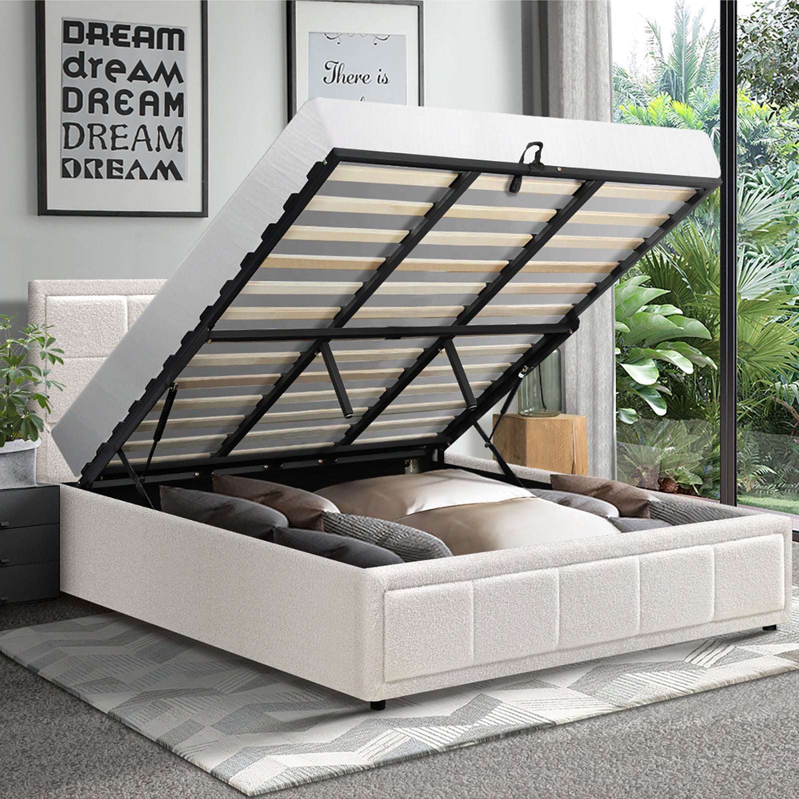 Oikiture Bed Frame King Size Gas Lift Storage Bed Platform Boucle White - Sunyee
