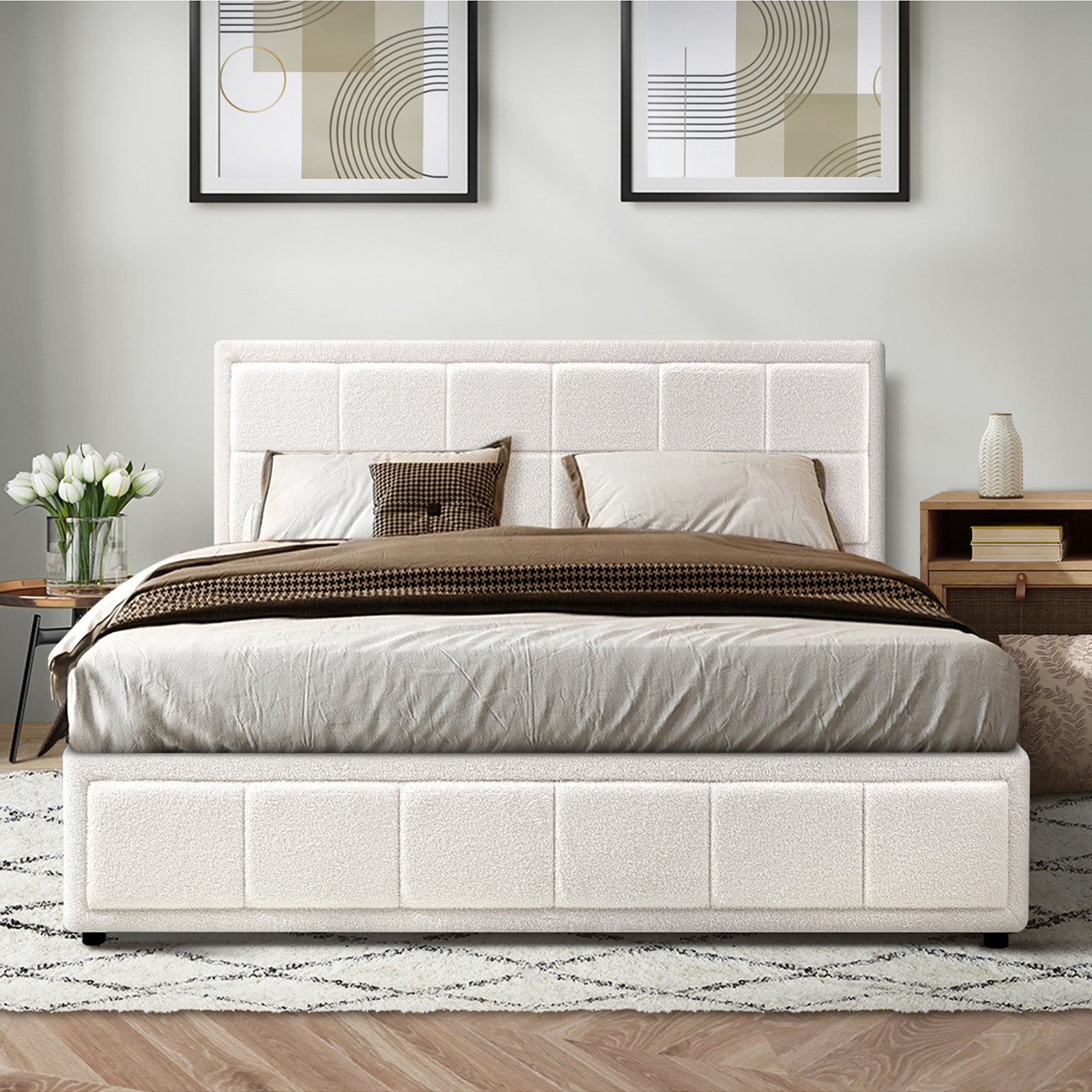 Oikiture Bed Frame King Size Gas Lift Storage Bed Platform Boucle White - Sunyee