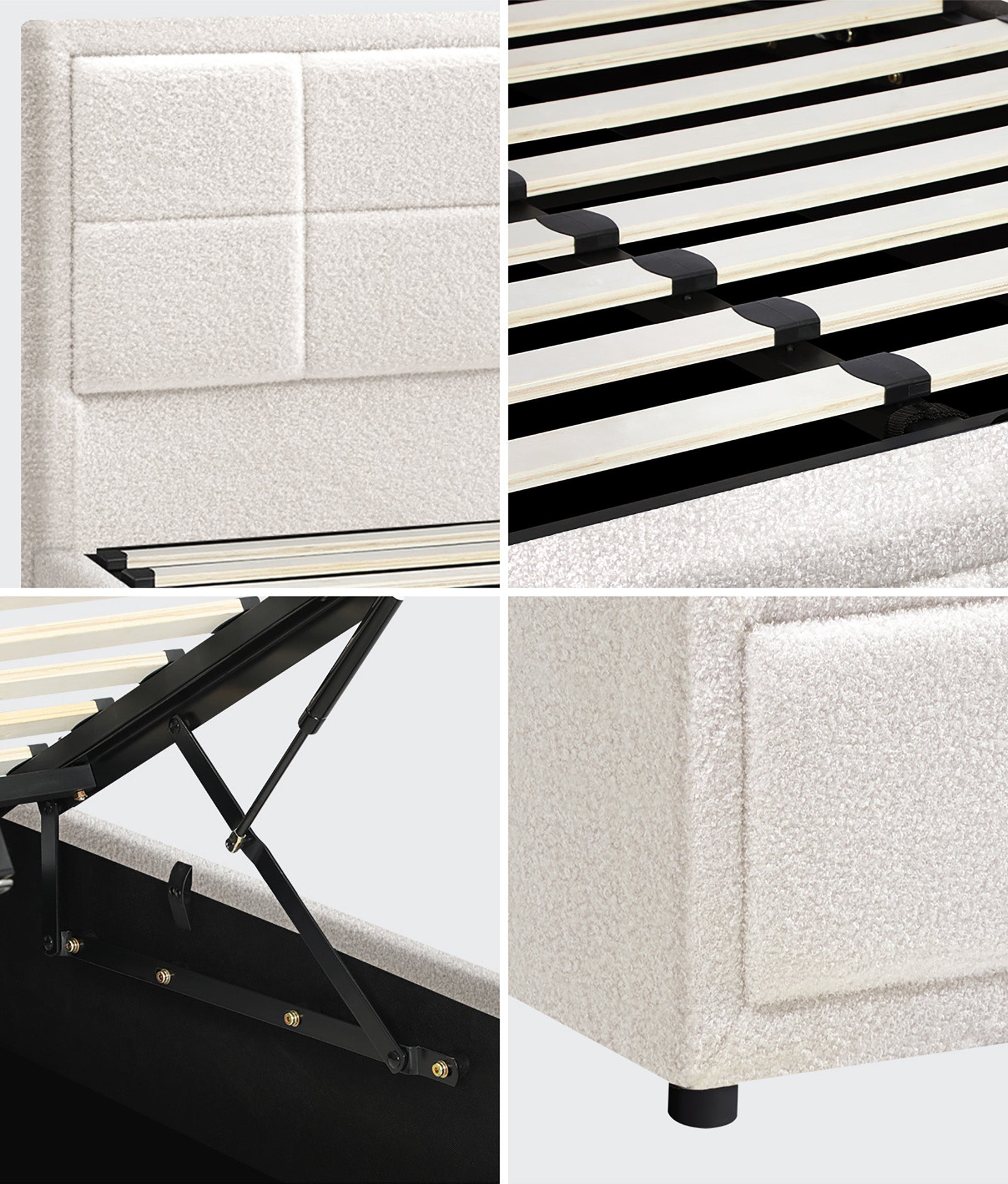 Oikiture Bed Frame King Size Gas Lift Storage Bed Platform Boucle White - Sunyee