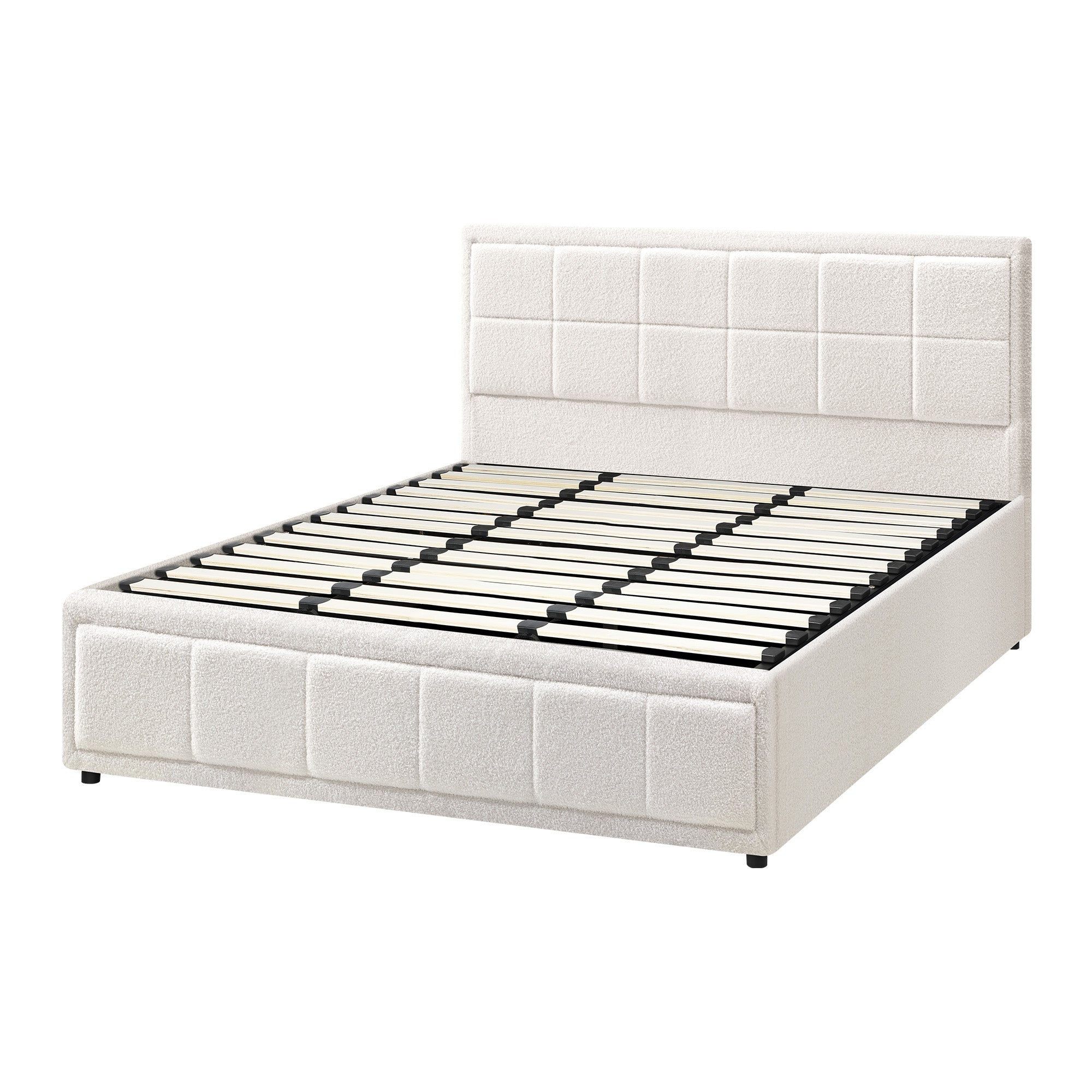 Oikiture Bed Frame King Size Gas Lift Storage Bed Platform Boucle White - Sunyee