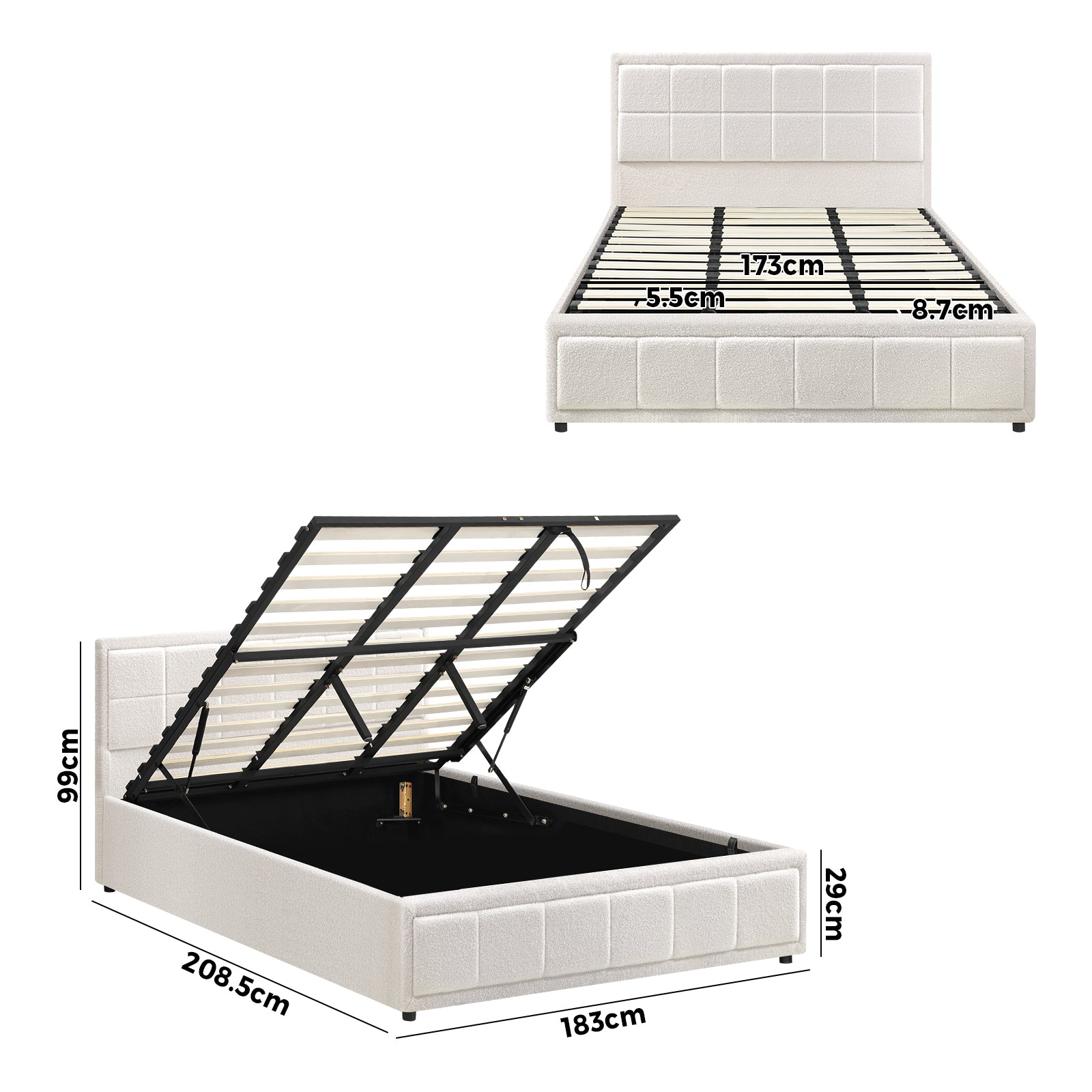 Oikiture Bed Frame King Size Gas Lift Storage Bed Platform Boucle White - Sunyee