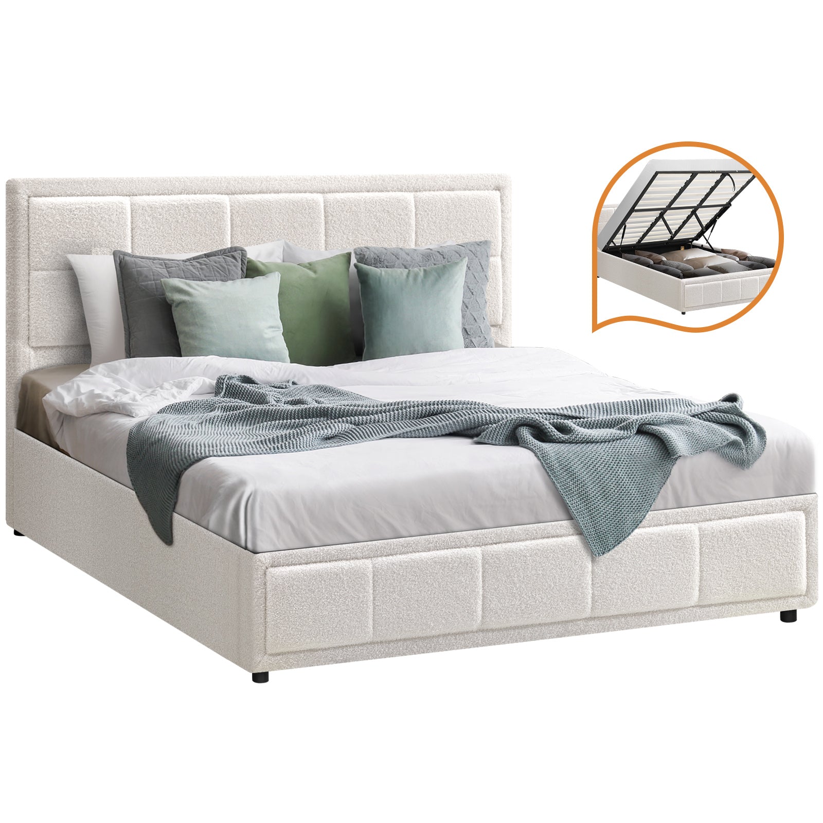 Oikiture Bed Frame King Size Gas Lift Storage Bed Platform Boucle White - Sunyee