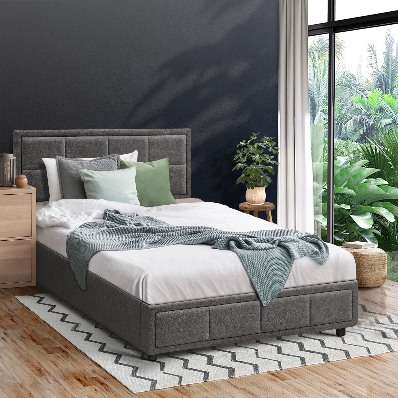 Oikiture Bed Frame King Single Gas Lift Storage Base Fabric Grey - Sunyee