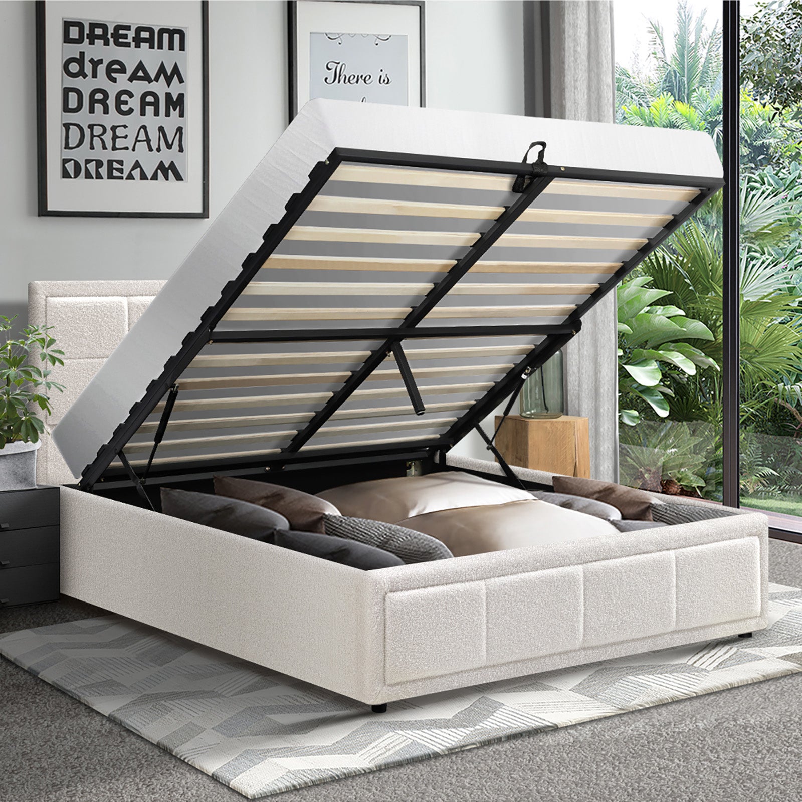 Oikiture Bed Frame King Single Gas Lift Storage Bed Platform Boucle White - Sunyee