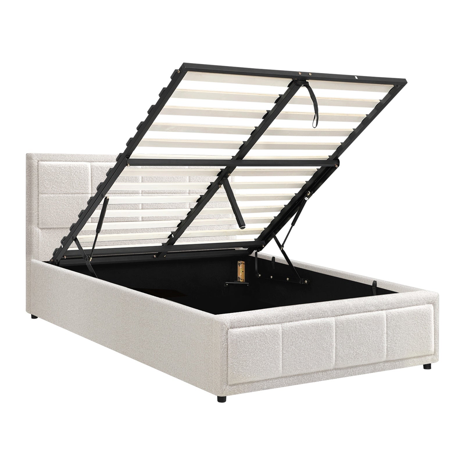 Oikiture Bed Frame King Single Gas Lift Storage Bed Platform Boucle White - Sunyee