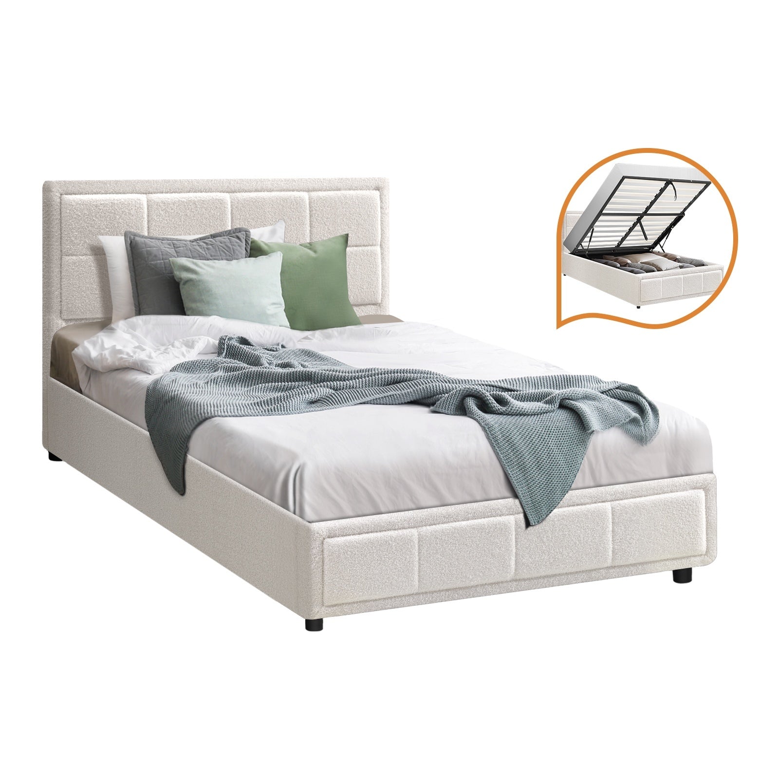 Oikiture Bed Frame King Single Gas Lift Storage Bed Platform Boucle White - Sunyee