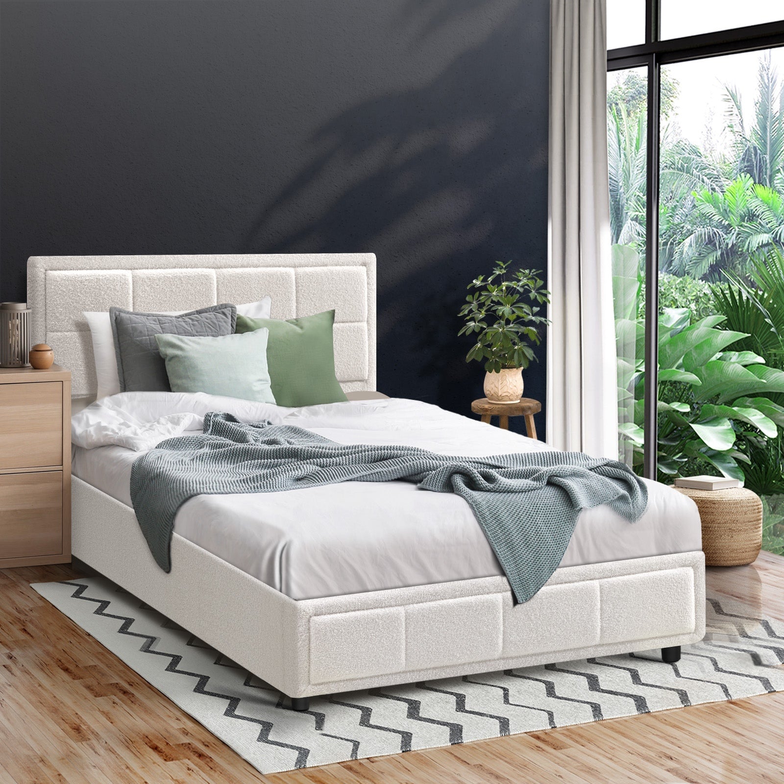 Oikiture Bed Frame King Single Gas Lift Storage Bed Platform Boucle White - Sunyee