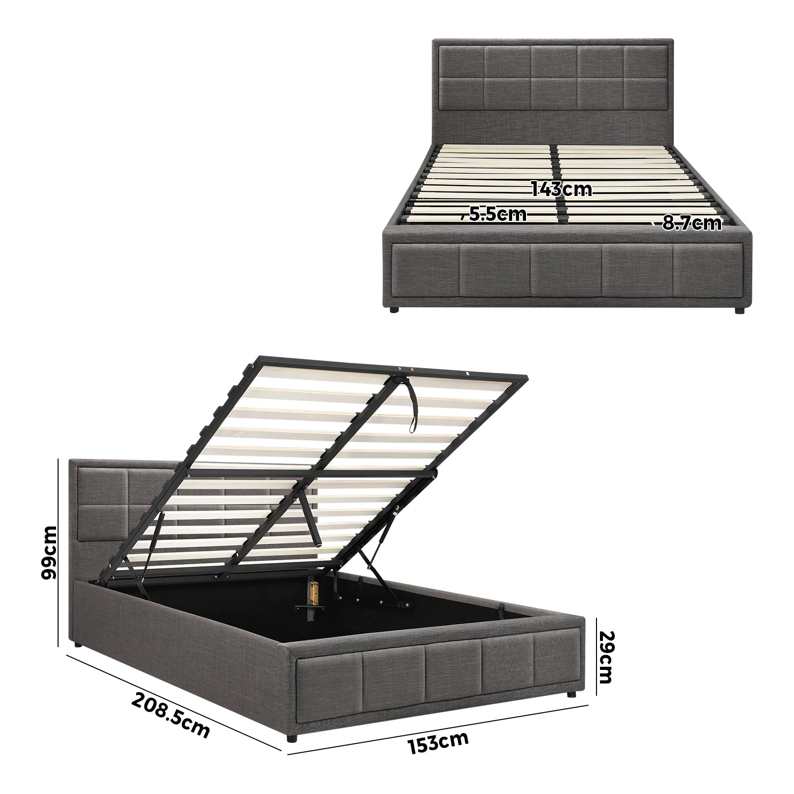 Oikiture Bed Frame Queen Size Gas Lift Storage Base Fabric Grey - Sunyee