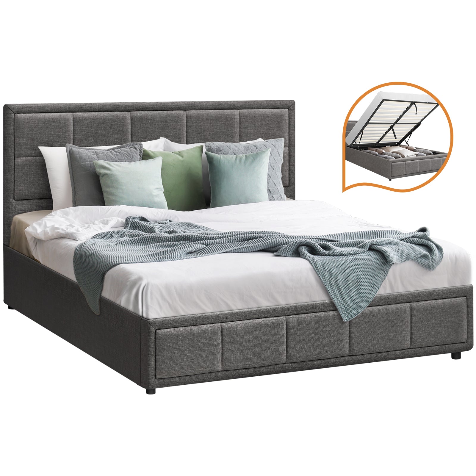 Oikiture Bed Frame Queen Size Gas Lift Storage Base Fabric Grey - Sunyee