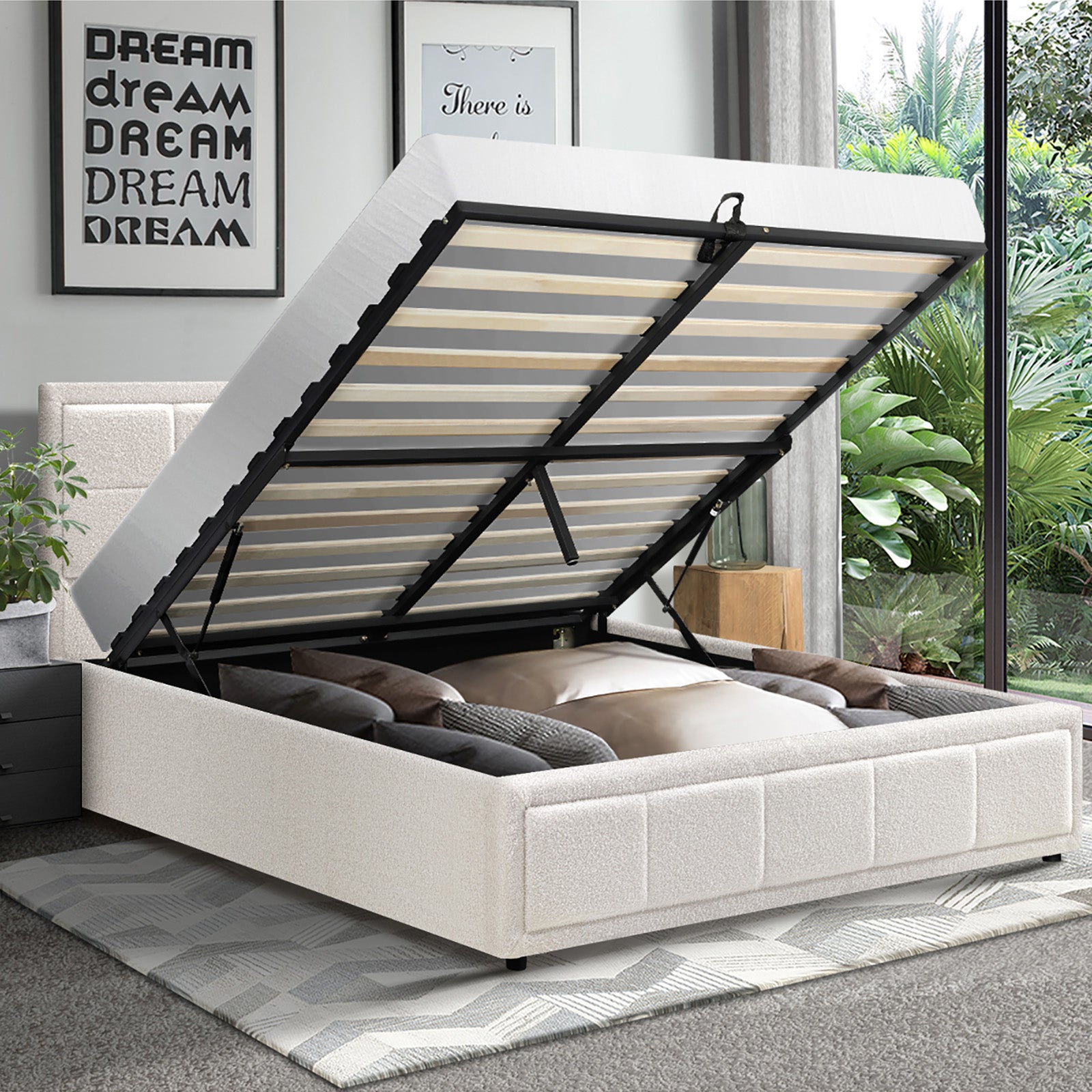 Oikiture Bed Frame Queen Size Gas Lift Storage Bed Platform Boucle White - Sunyee