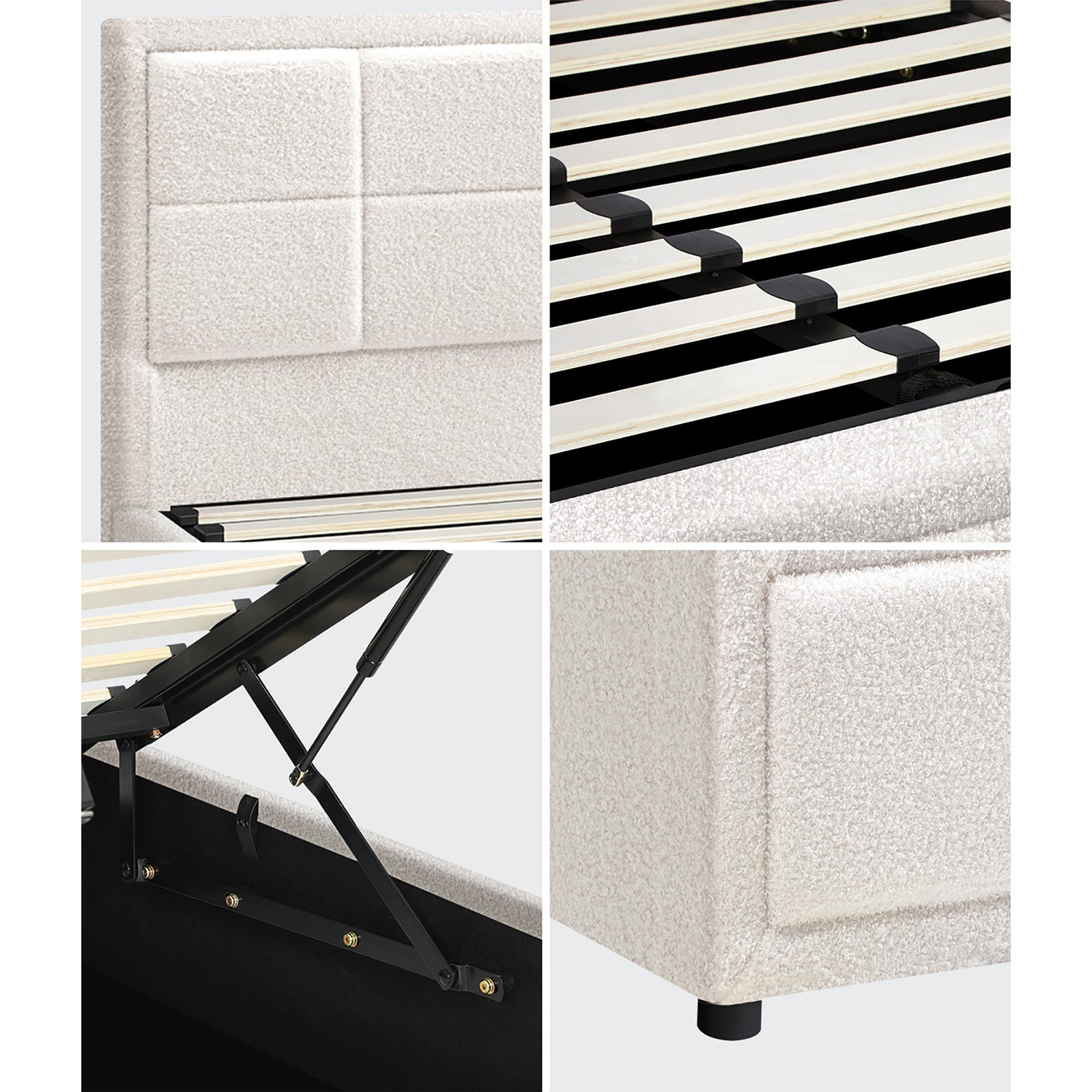 Oikiture Bed Frame Queen Size Gas Lift Storage Bed Platform Boucle White - Sunyee