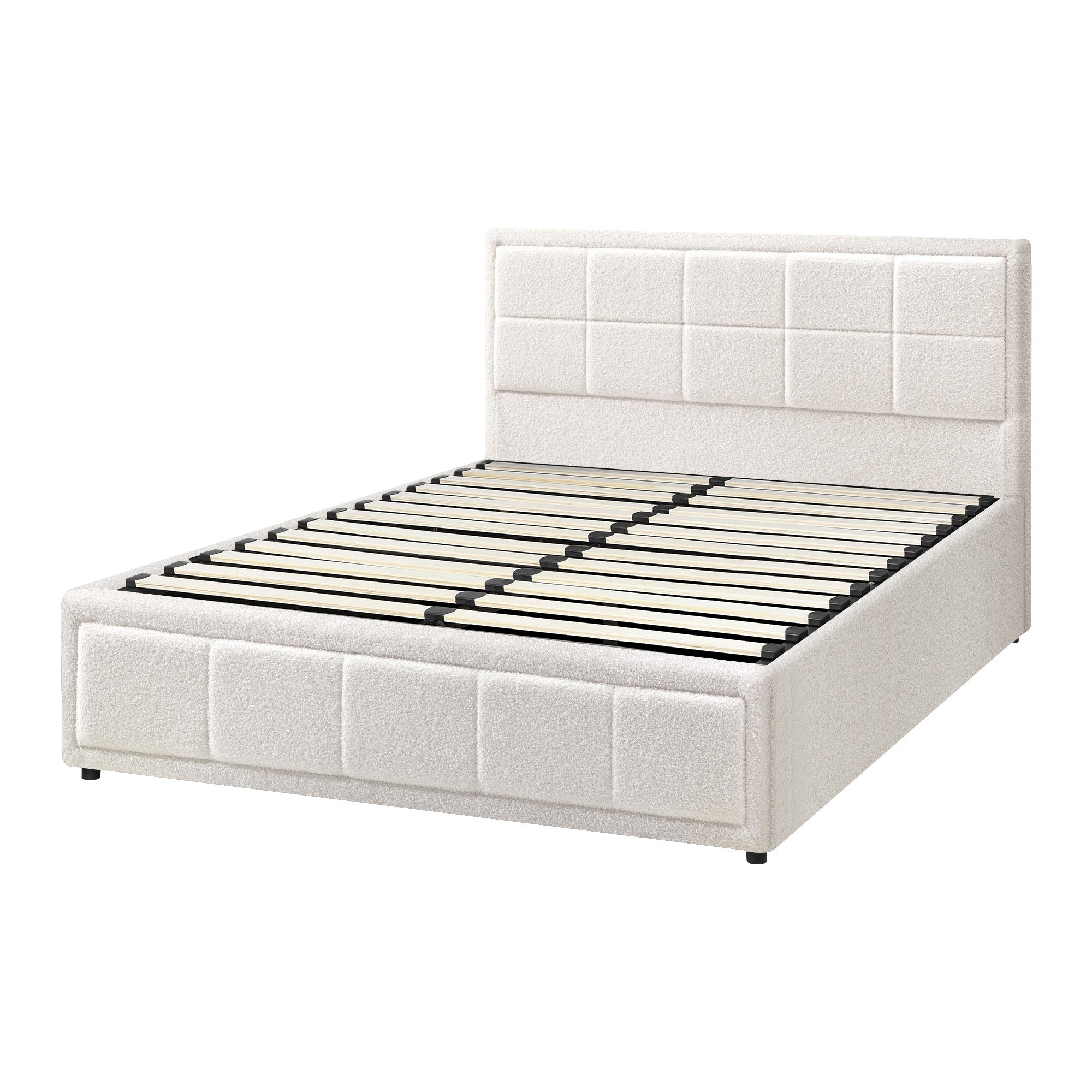 Oikiture Bed Frame Queen Size Gas Lift Storage Bed Platform Boucle White - Sunyee