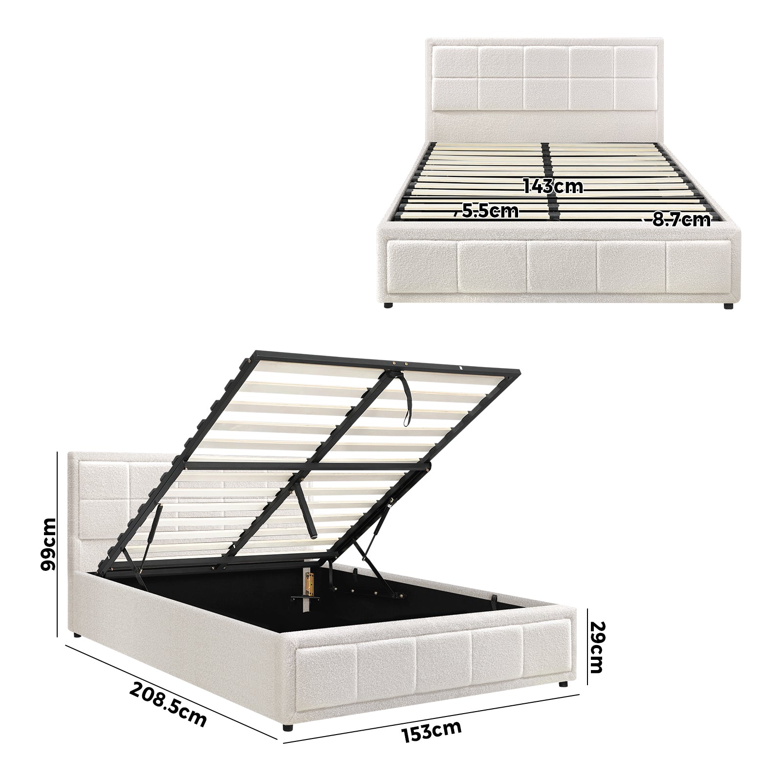 Oikiture Bed Frame Queen Size Gas Lift Storage Bed Platform Boucle White - Sunyee