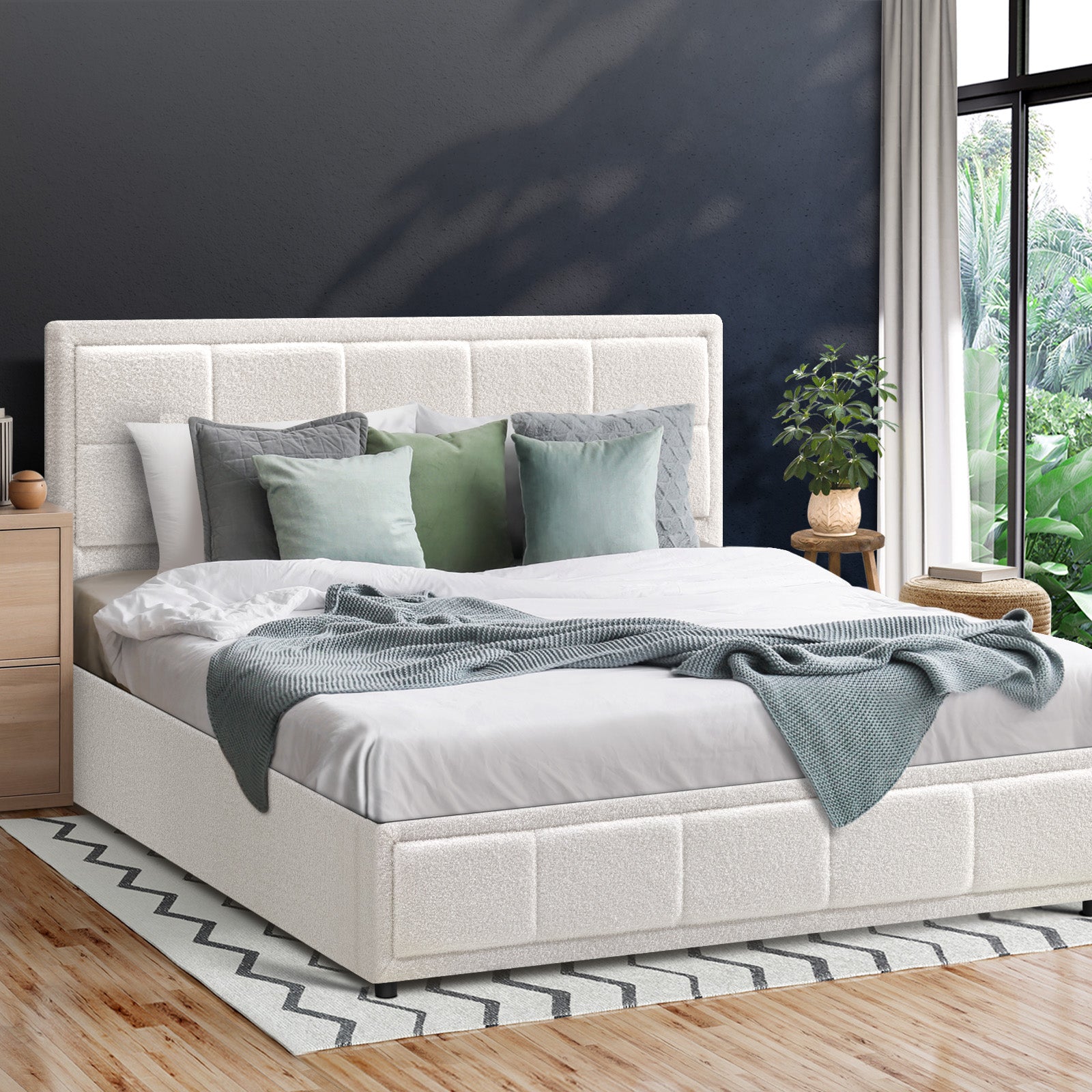 Oikiture Bed Frame Queen Size Gas Lift Storage Bed Platform Boucle White - Sunyee