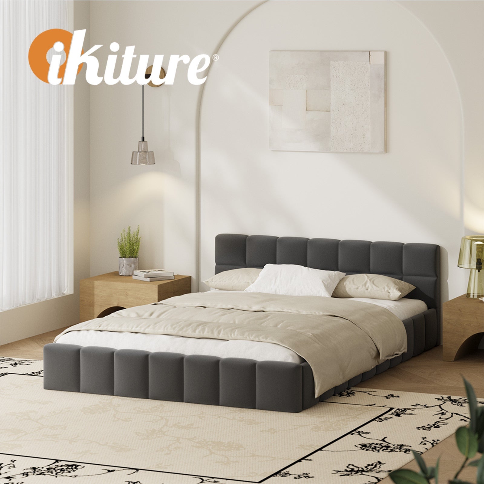 Oikiture Bed Frame Double Size Tufted Headboard Grey Velvet - Sunyee