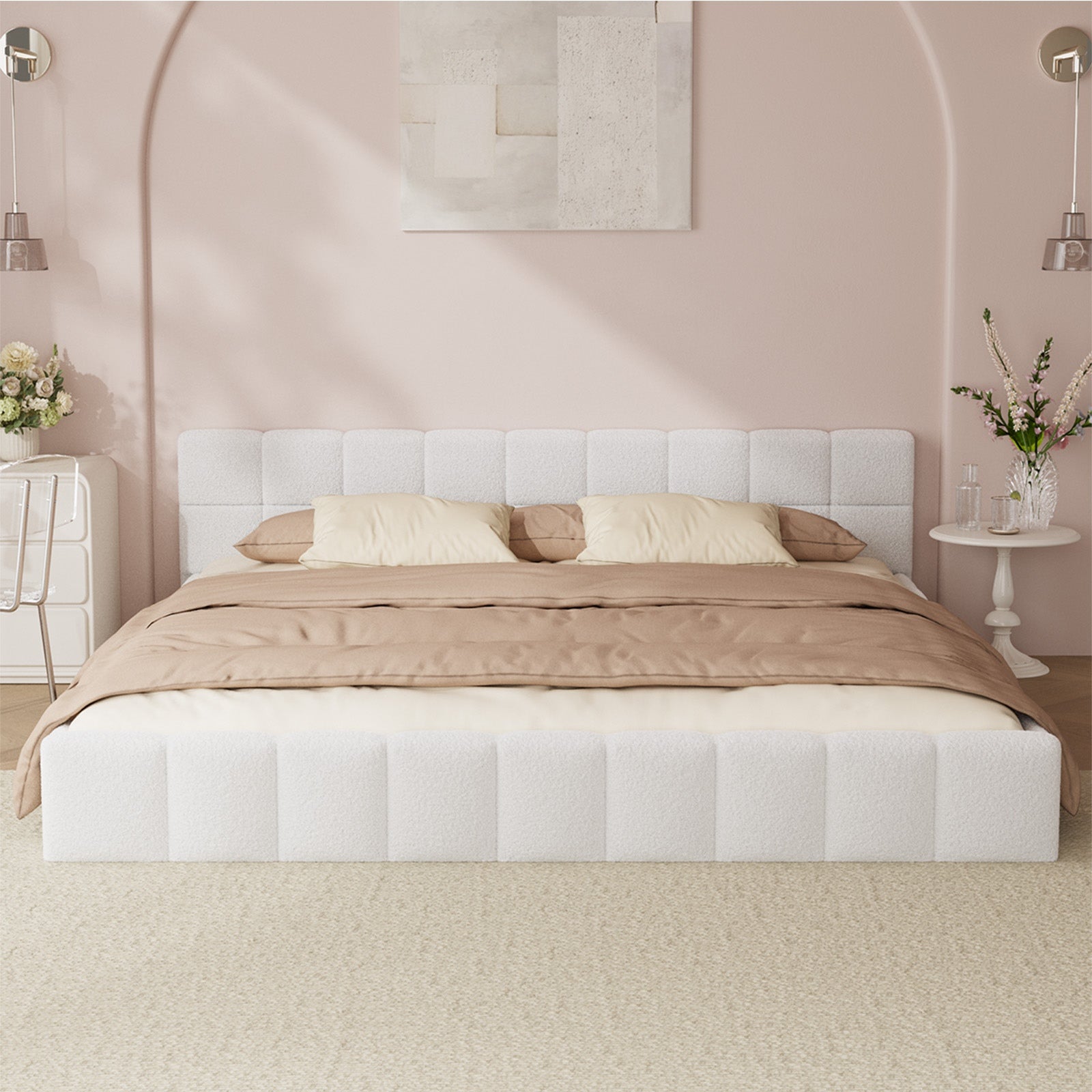 Oikiture Bed Frame King Size Tufted Headboard White Boucle - Sunyee
