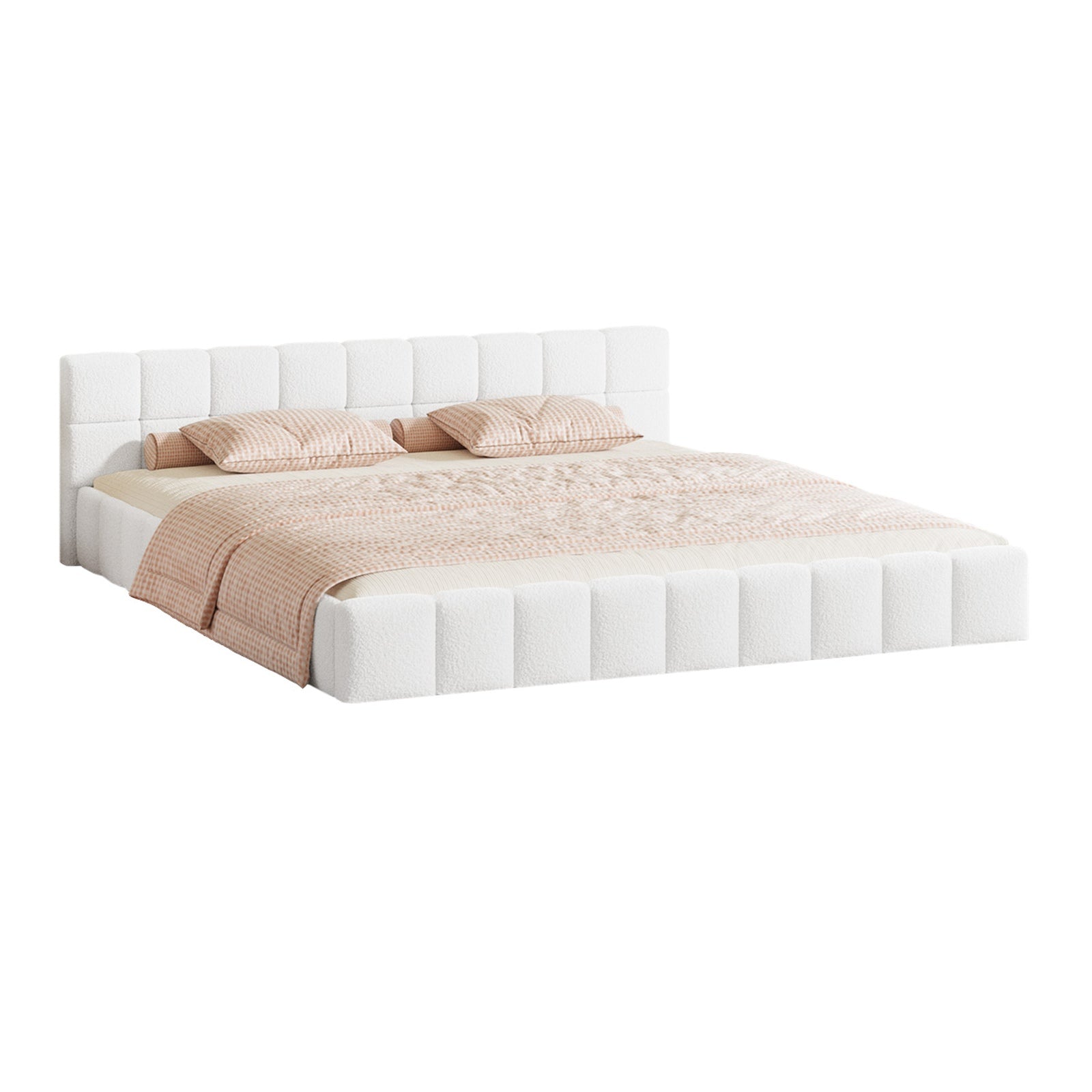 Oikiture Bed Frame King Size Tufted Headboard White Boucle - Sunyee