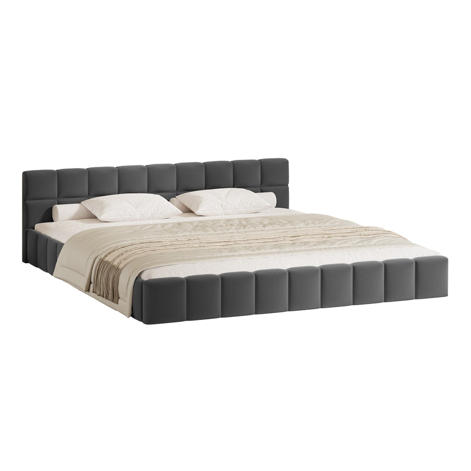 Oikiture Bed Frame King Size Tufted Headboard Grey Velvet - Sunyee