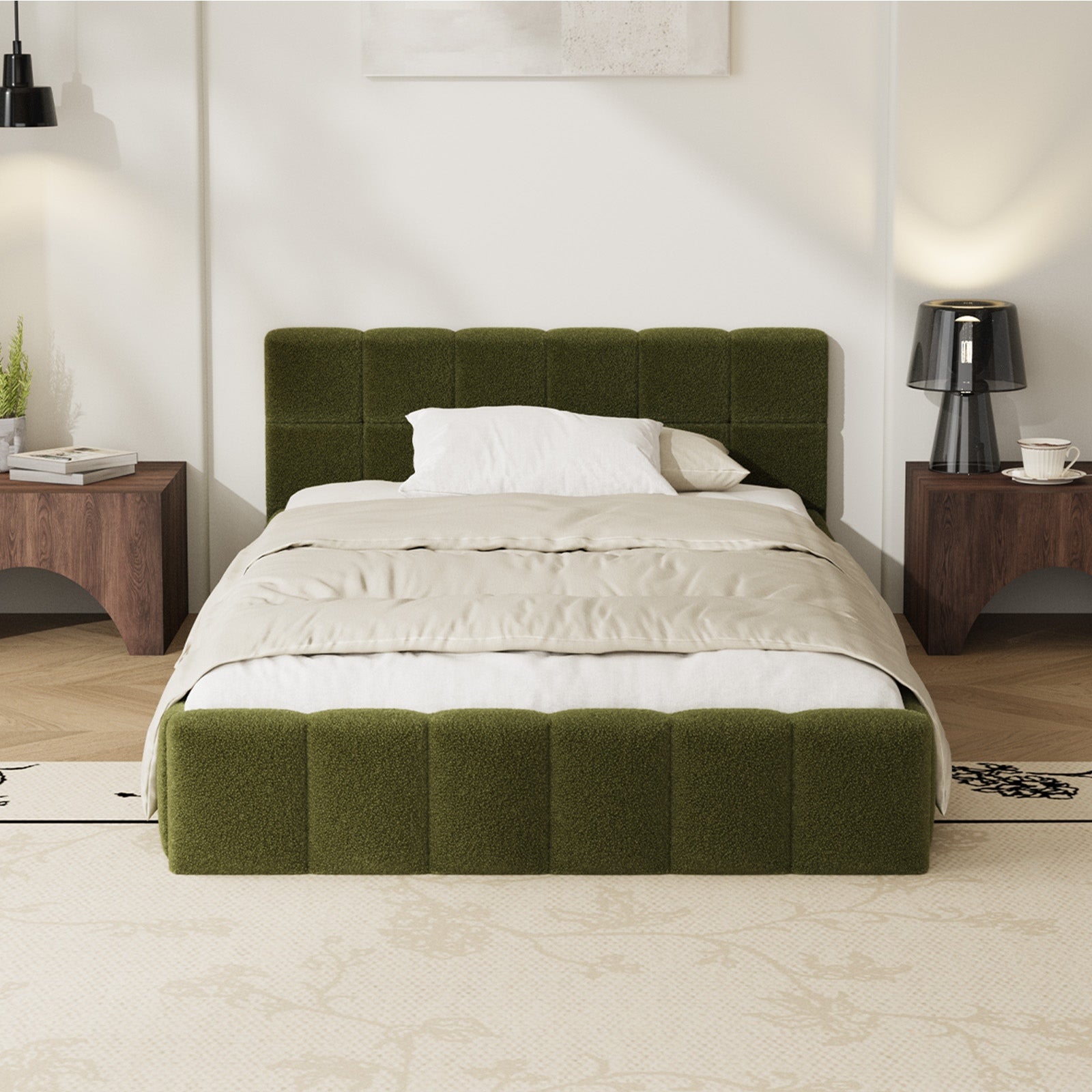 Oikiture Bed Frame King Single Size Tufted Headboard Green Boucle - Sunyee