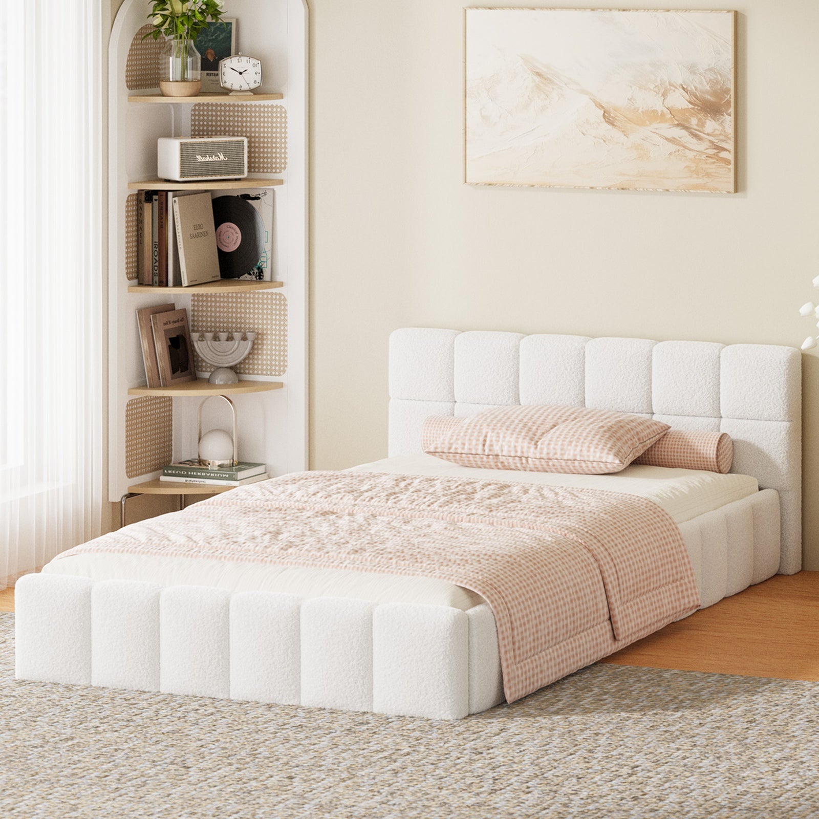 Oikiture Bed Frame King Single Size Tufted Headboard White Boucle - Sunyee