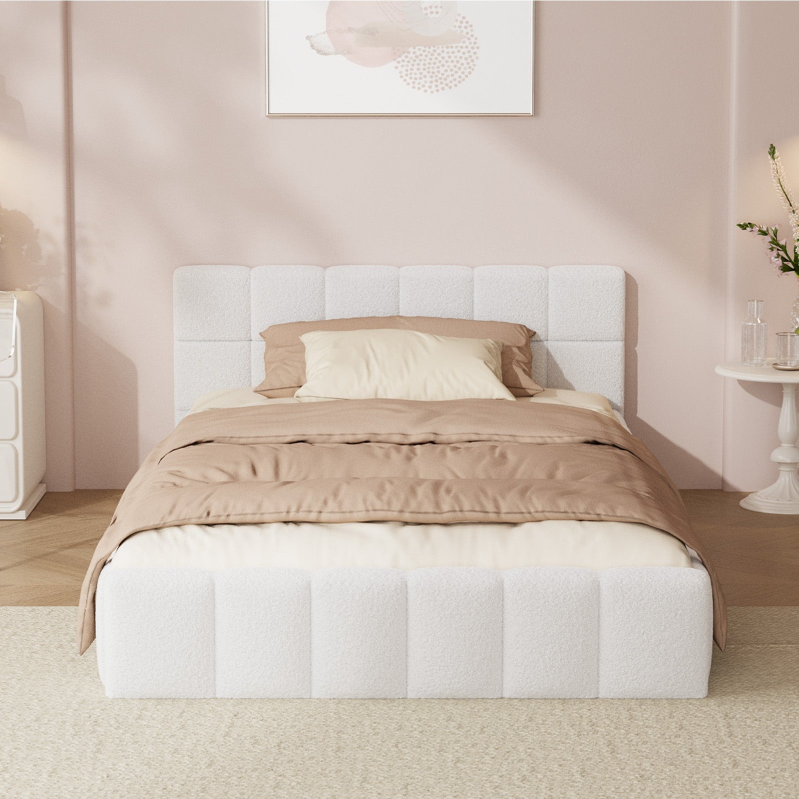 Oikiture Bed Frame King Single Size Tufted Headboard White Boucle - Sunyee