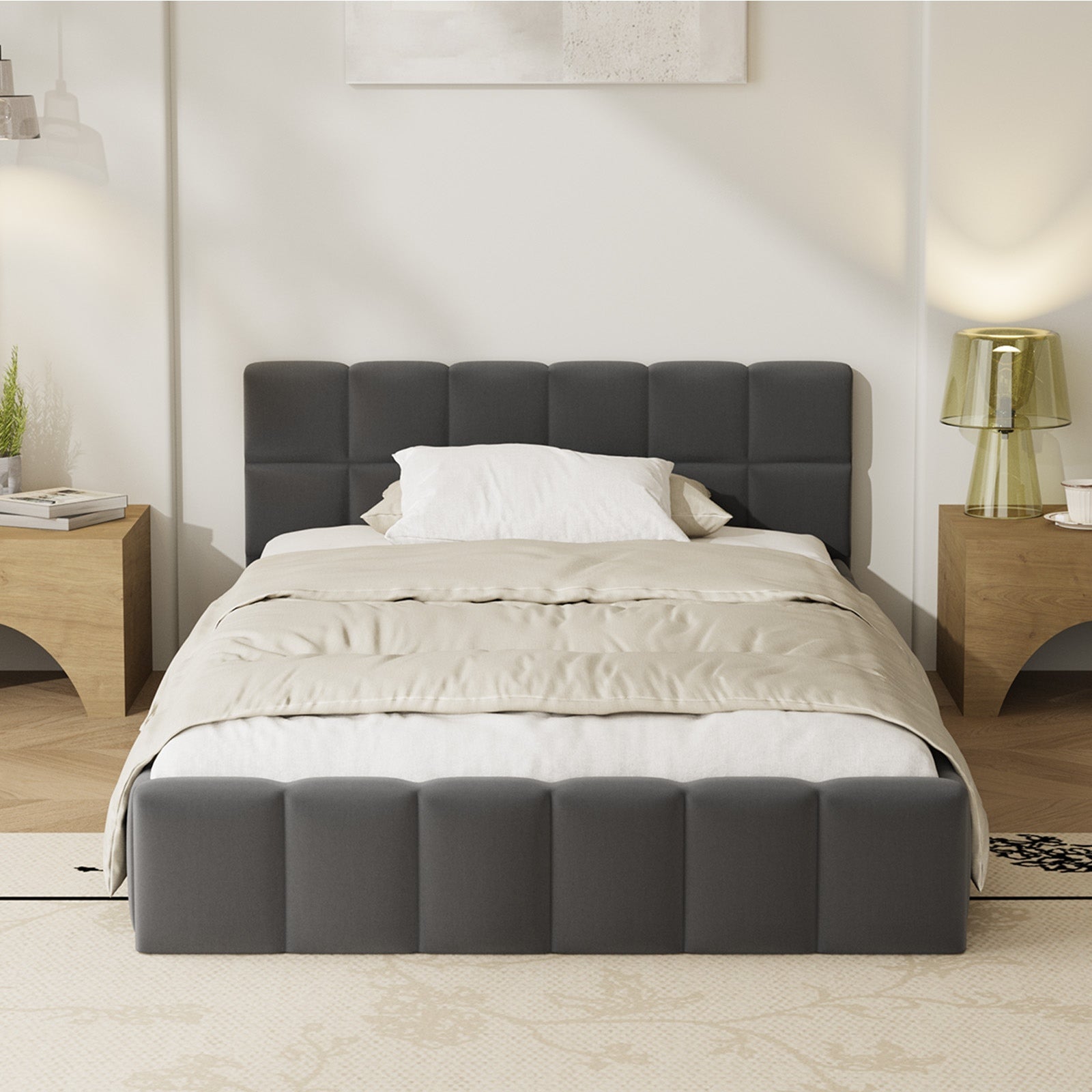 Oikiture Bed Frame King Single Size Tufted Headboard Grey Velvet - Sunyee