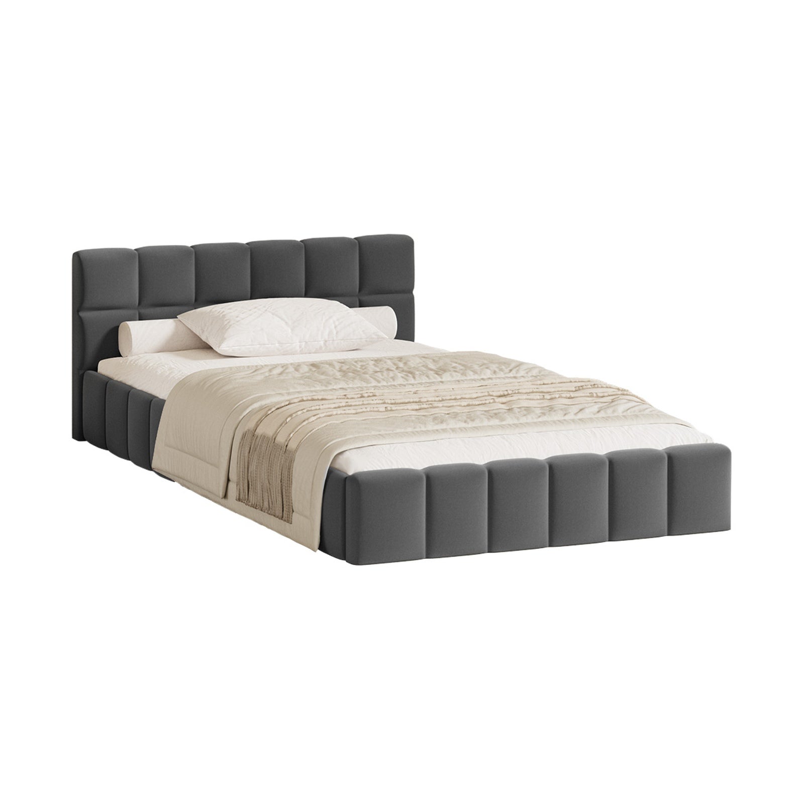 Oikiture Bed Frame King Single Size Tufted Headboard Grey Velvet - Sunyee