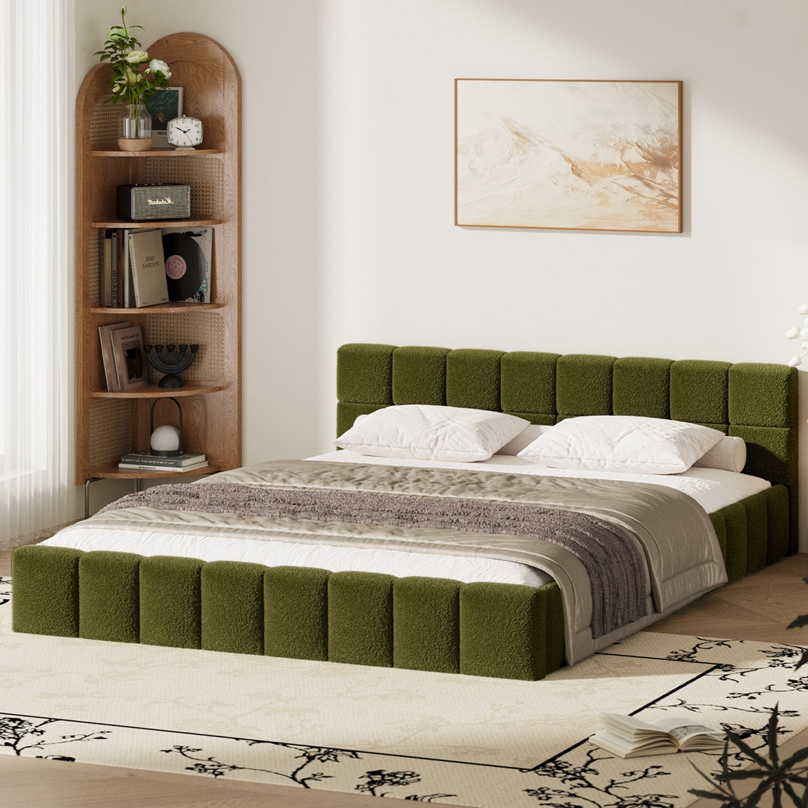 Oikiture Bed Frame Queen Size Tufted Headboard Green Boucle - Sunyee