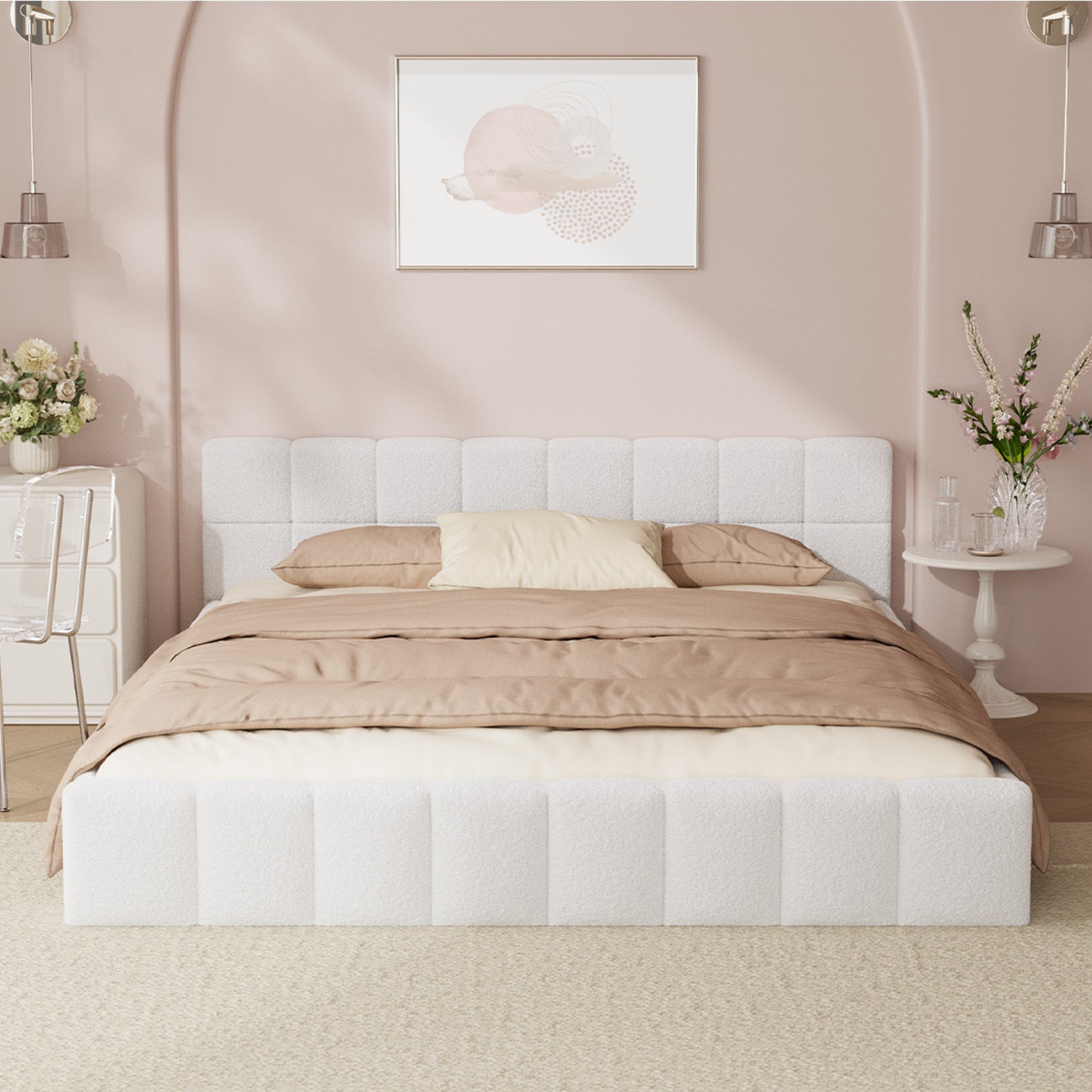 Oikiture Bed Frame Queen Size Tufted Headboard White Boucle - Sunyee