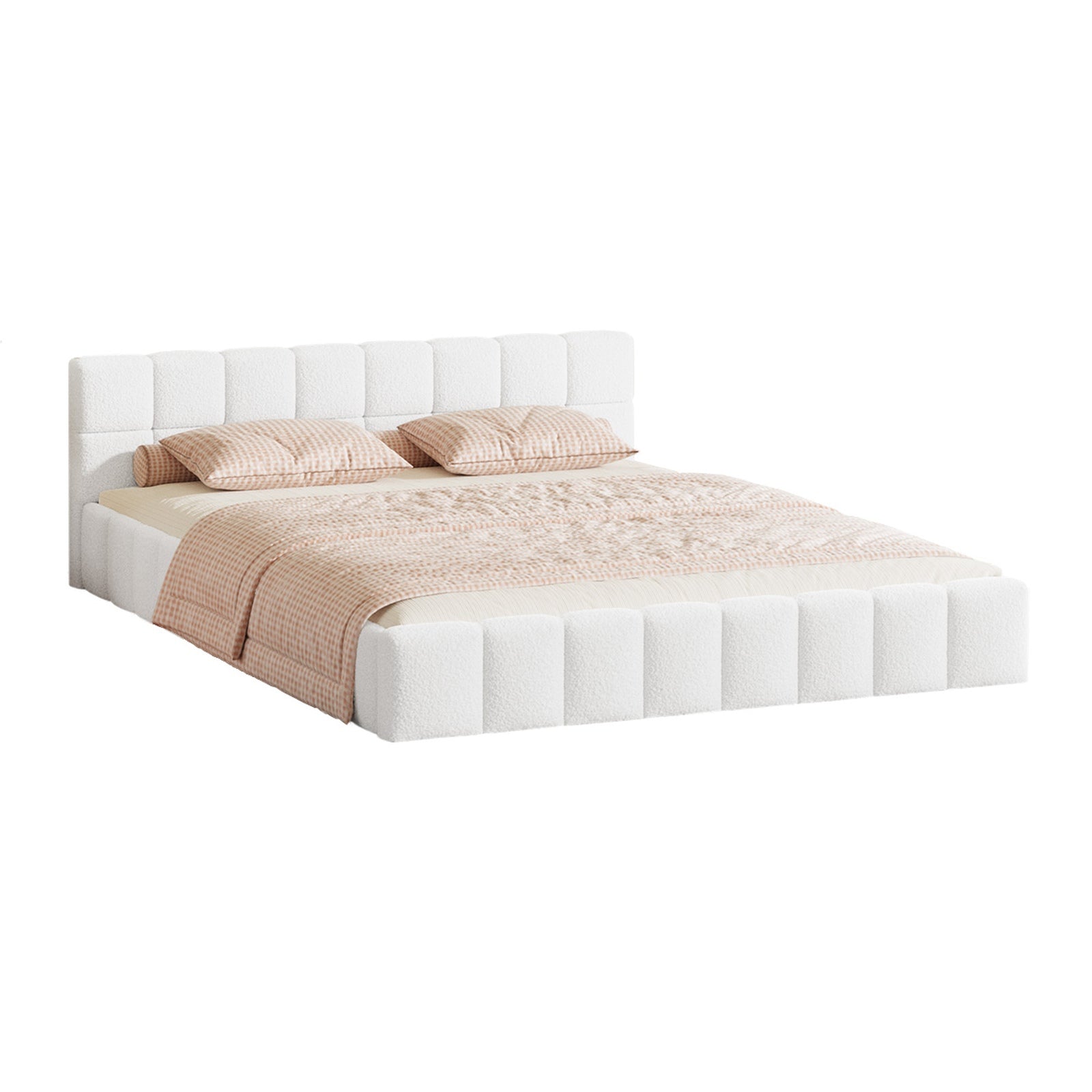 Oikiture Bed Frame Queen Size Tufted Headboard White Boucle - Sunyee