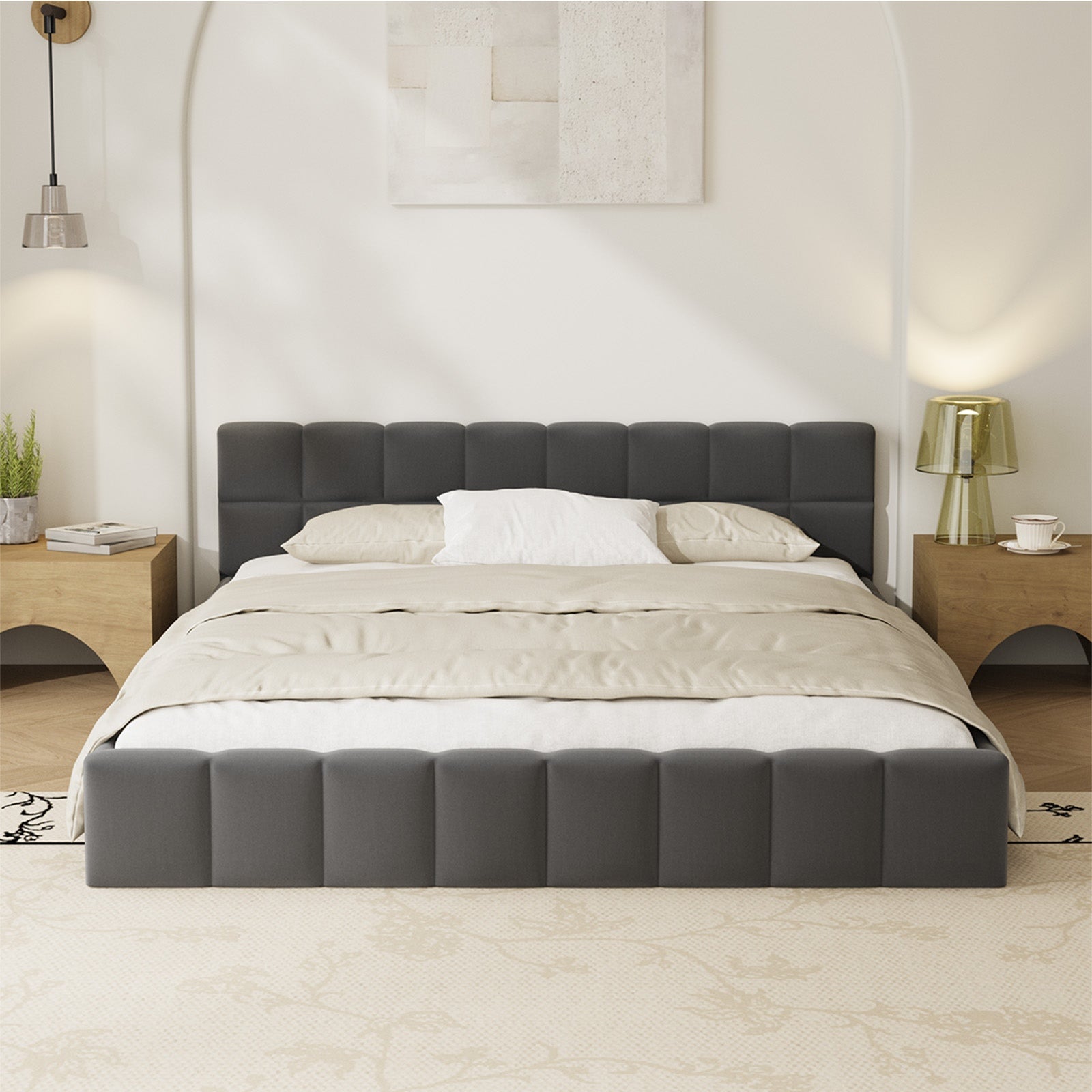Oikiture Bed Frame Queen Size Tufted Headboard Grey Velvet - Sunyee