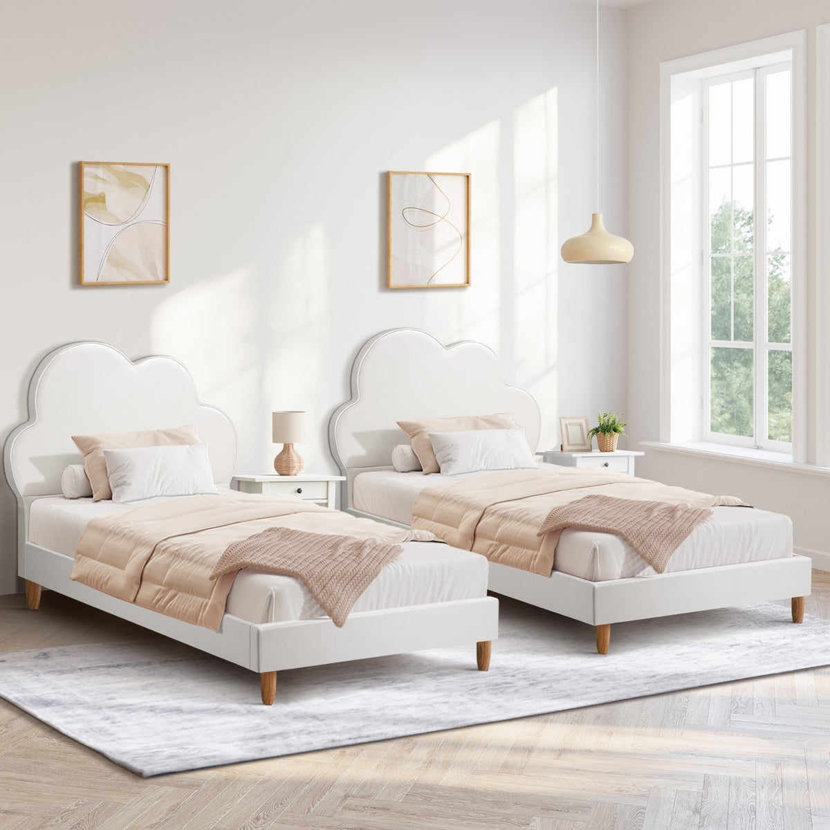 Oikiture Bed Frame 2X Single Size Cloud Kids Bed Frame White Leather