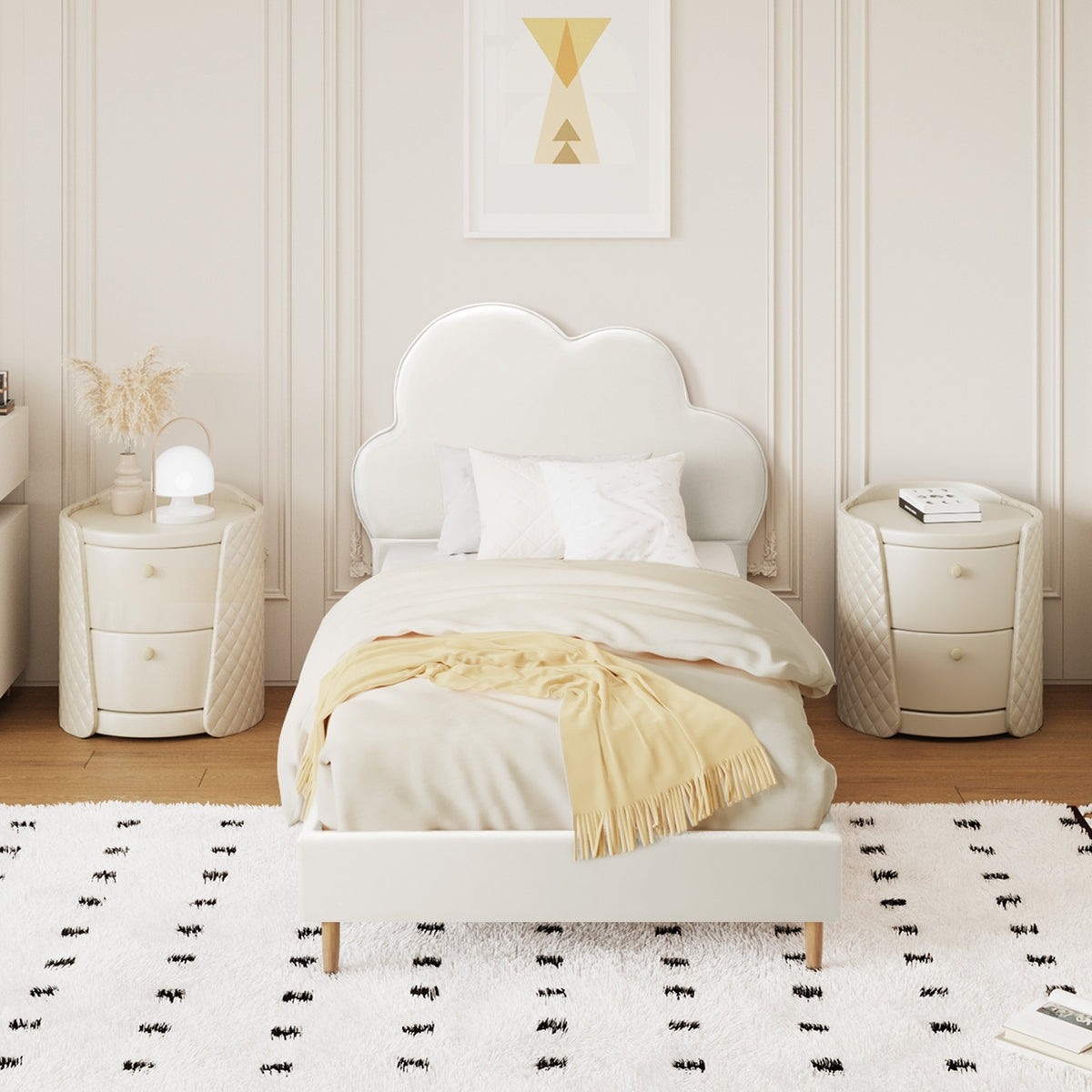 Oikiture Bed Frame 2X Single Size Cloud Kids Bed Frame White Leather