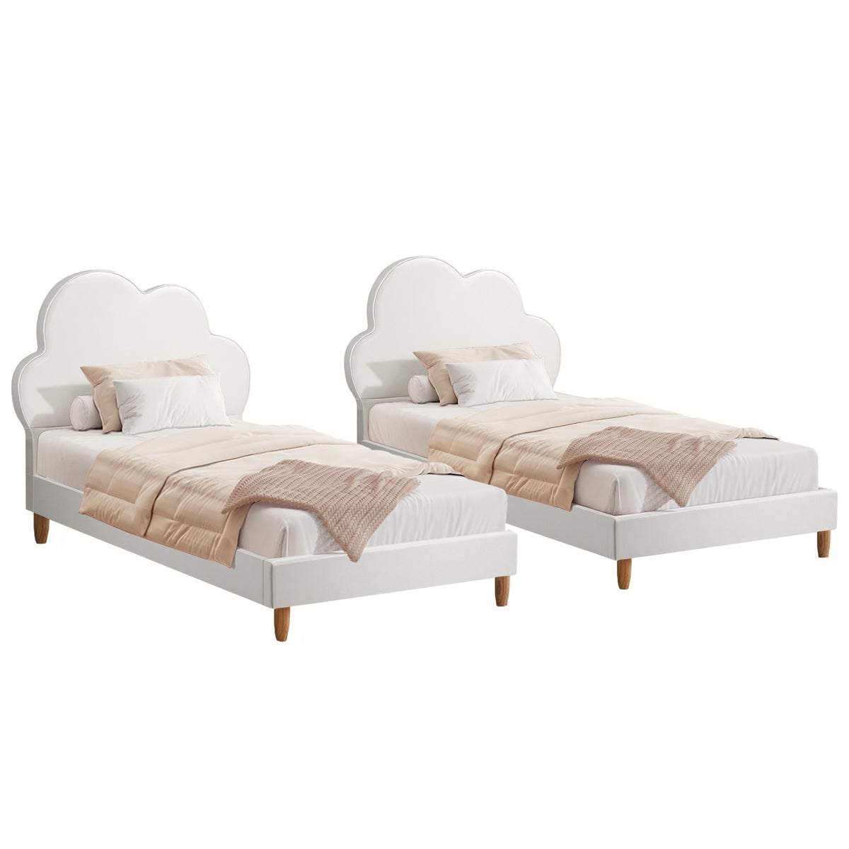 Oikiture Bed Frame 2X Single Size Cloud Kids Bed Frame White Leather