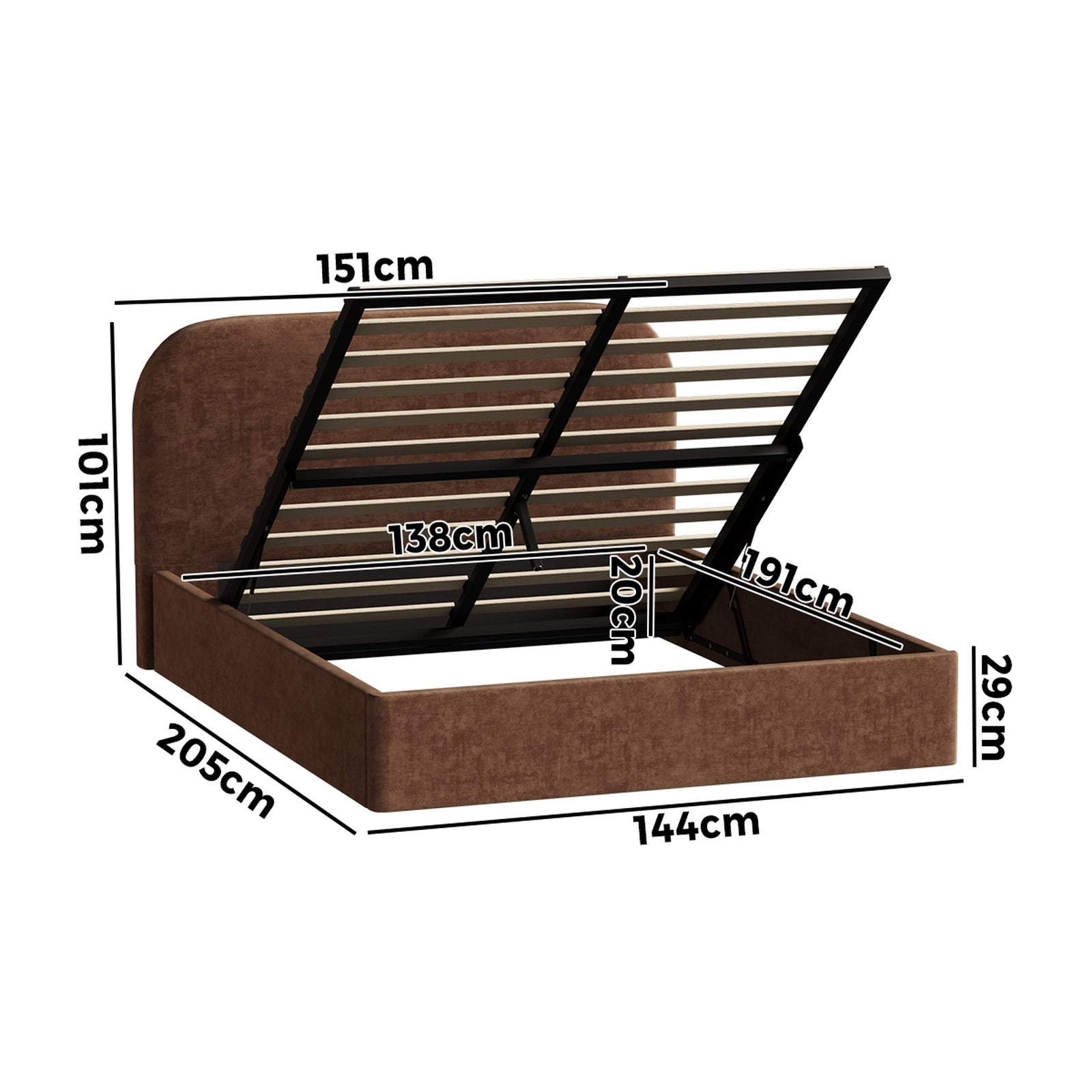 Oikiture Bed Frame Double Size Gas Lift Storage Base Rounded Corner Velvet Brown