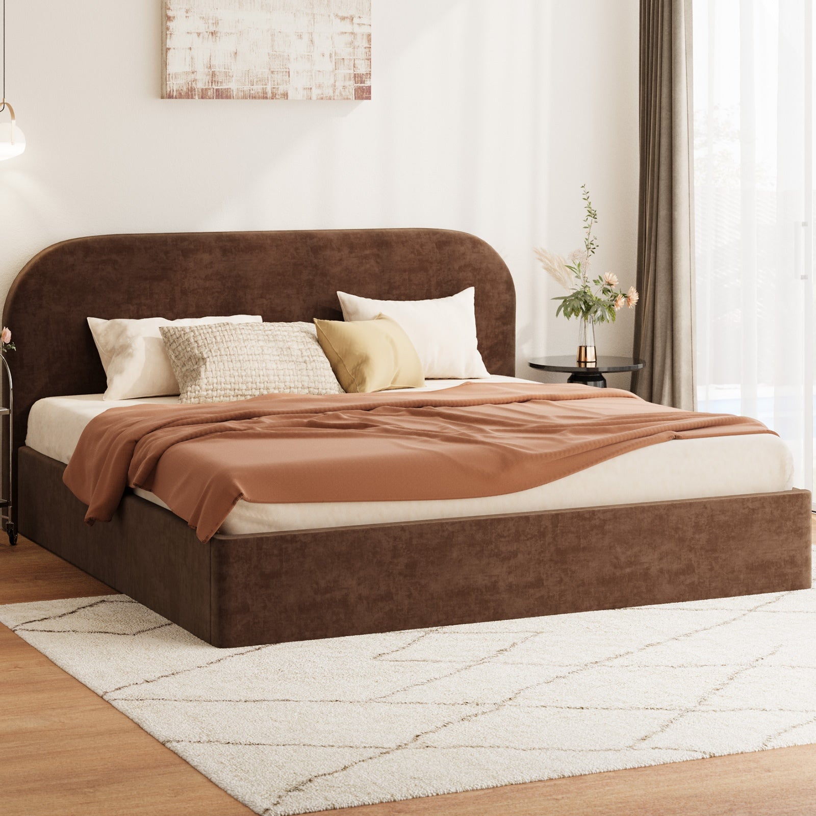 Oikiture Bed Frame King Size Gas Lift Storage Base Rounded Corner Velvet Brown