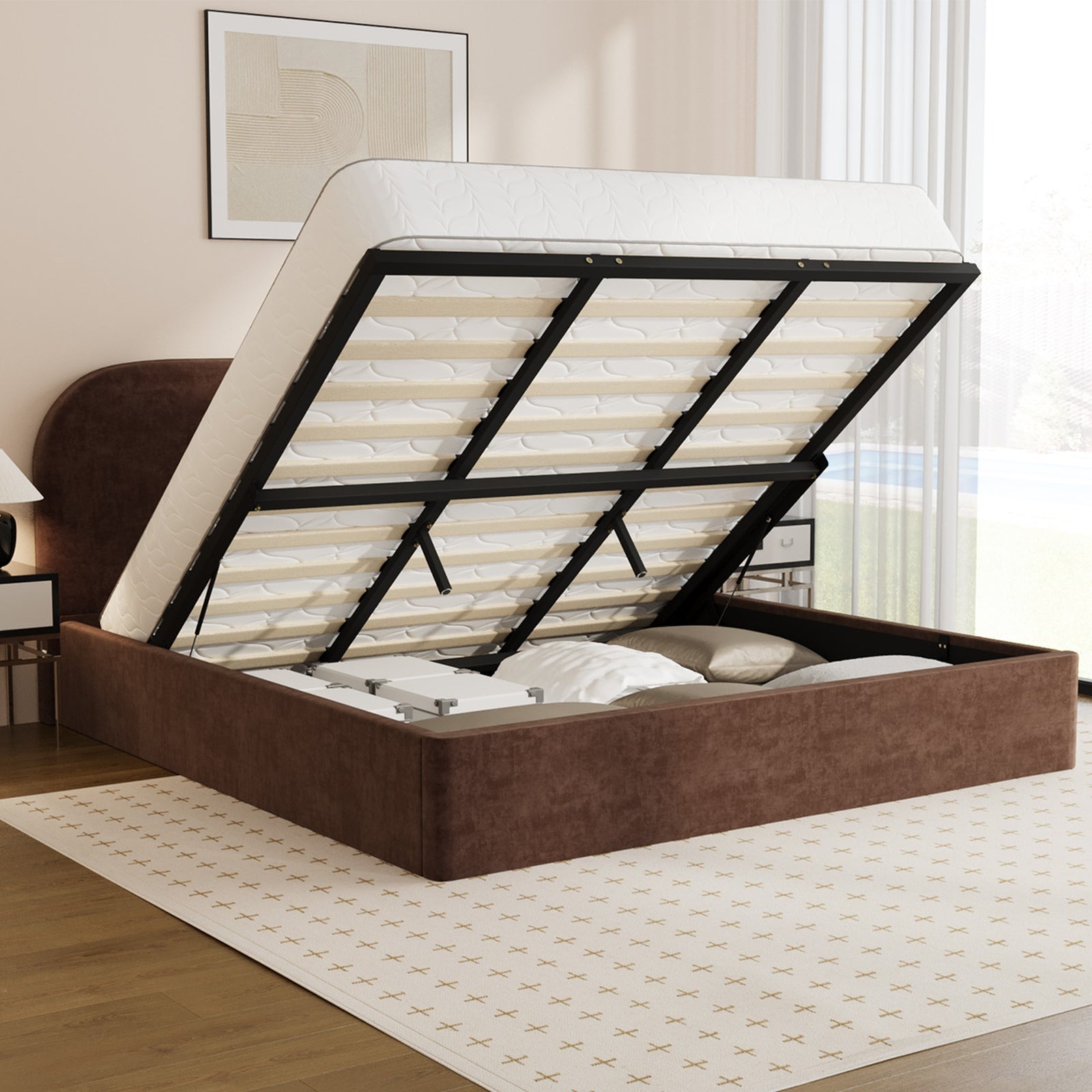 Oikiture Bed Frame King Size Gas Lift Storage Base Rounded Corner Velvet Brown